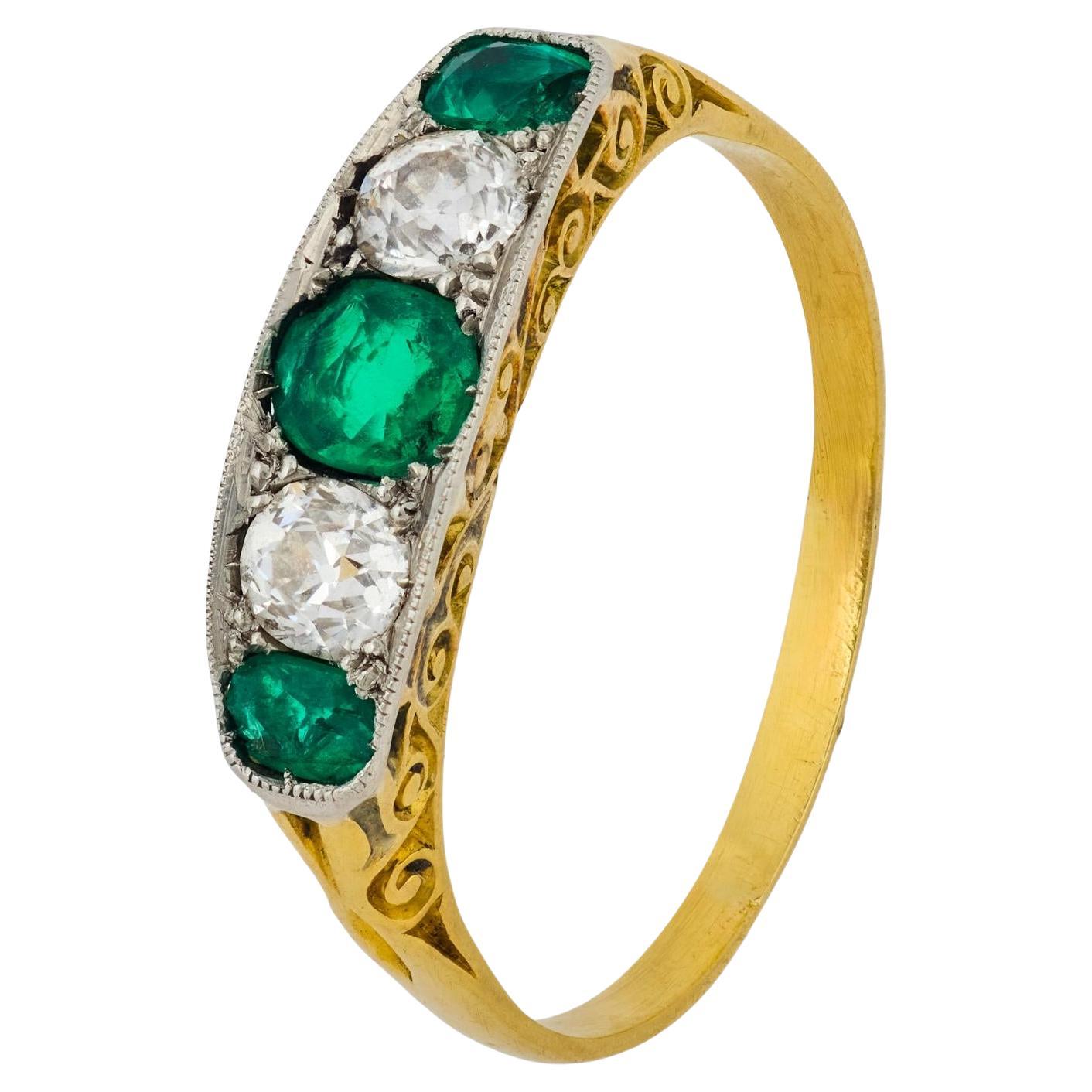 Victorian emerald diamond 18k yellow gold five stone ring