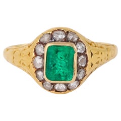 Victorian Emerald Diamond 18k Yellow Gold Ring
