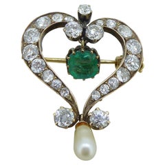 Victorian Emerald, Diamond and Pearl Pendant Brooch