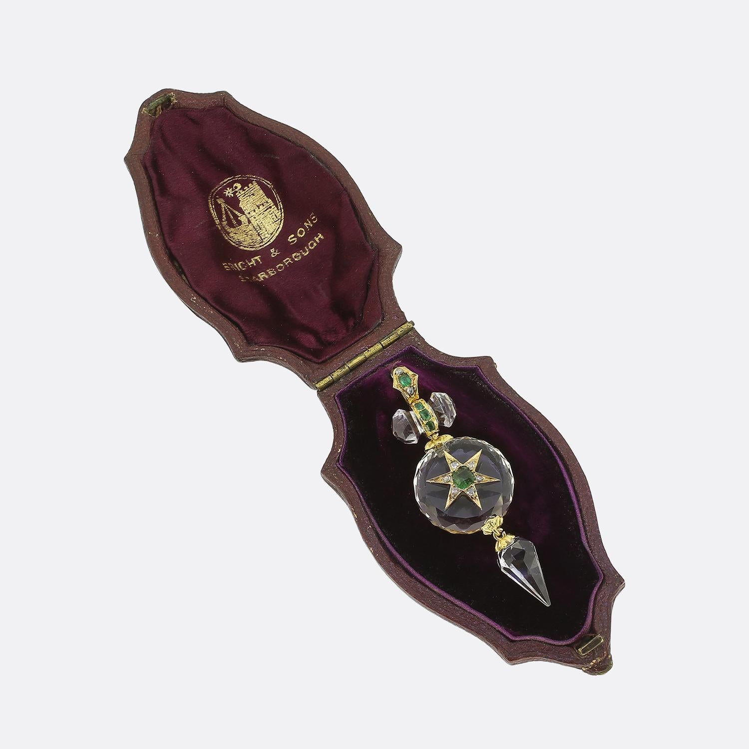 Oval Cut Victorian Emerald Diamond and Rock Crystal Drop Pendant For Sale