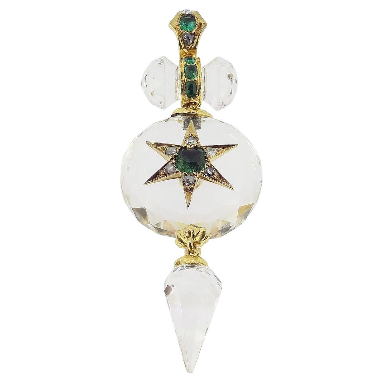 Victorian Emerald Diamond and Rock Crystal Drop Pendant For Sale