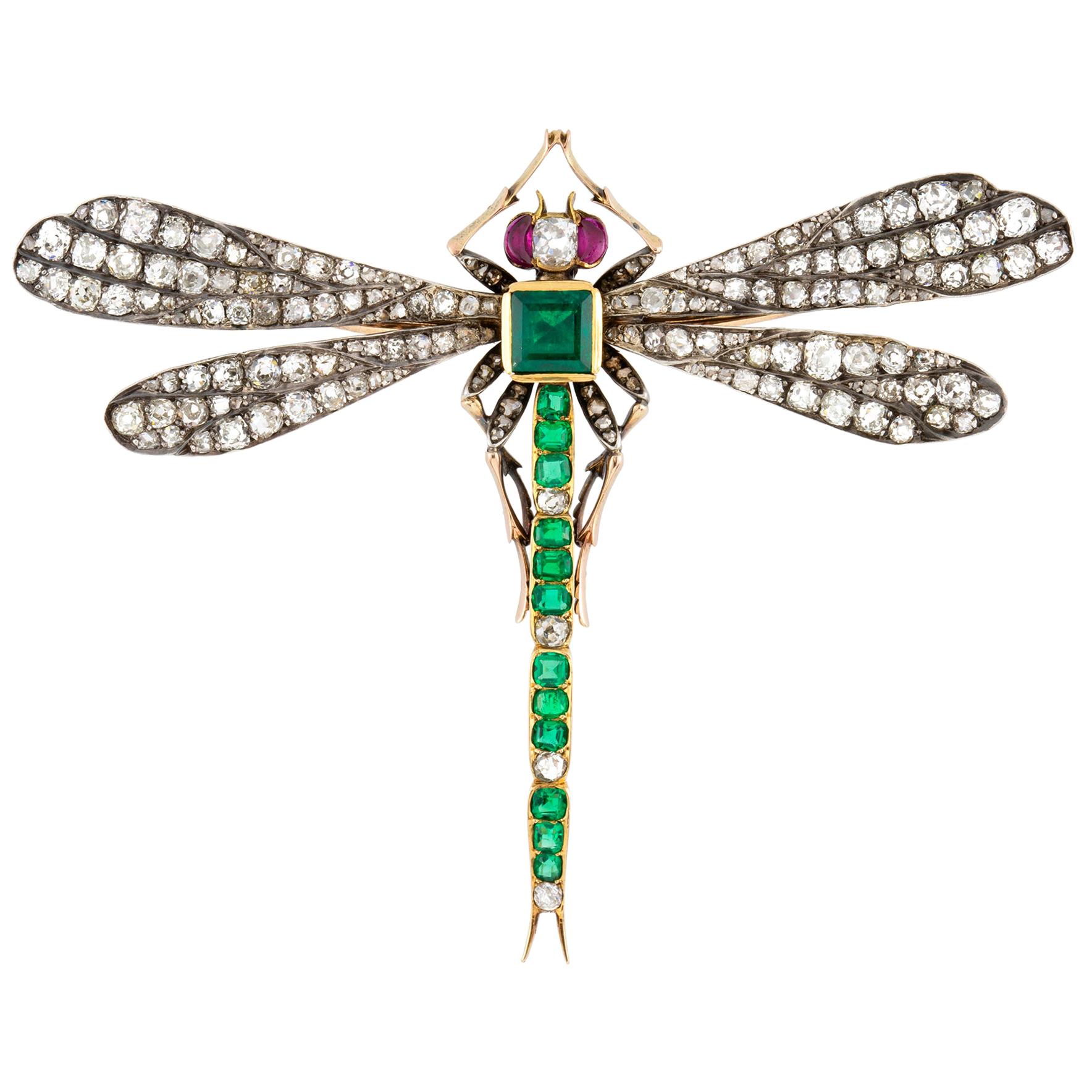 Victorian Emerald, Diamond and Ruby Dragonfly Brooch For Sale