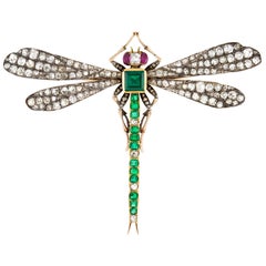 Victorian Emerald, Diamond and Ruby Dragonfly Brooch