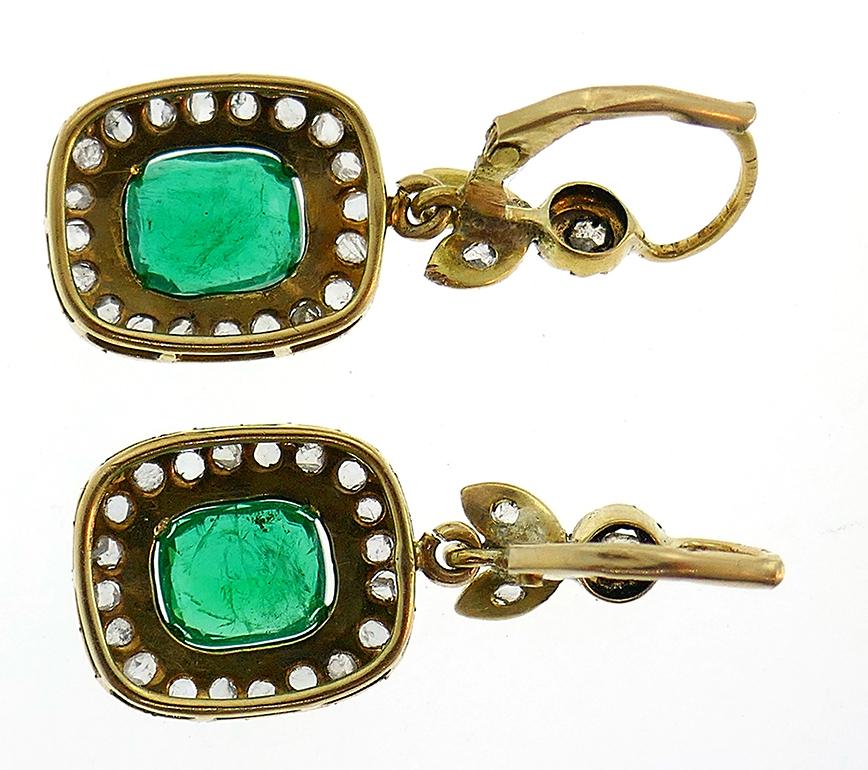 Women's Victorian Emerald Diamond Dangle Earrings in Gold and Silver, Antique For Sale