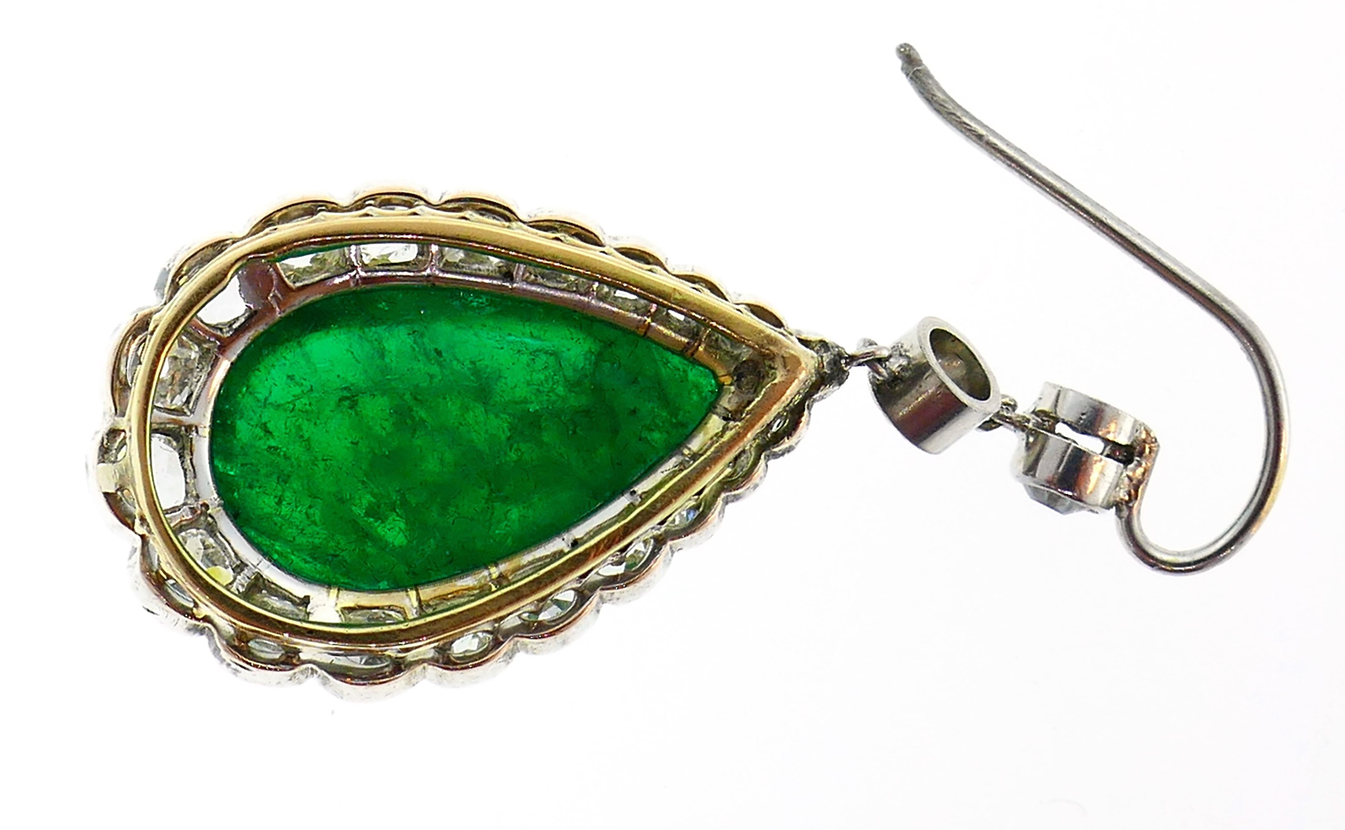 Victorian Emerald Diamond Dangle Earrings in Gold and Silver, Antique In Good Condition For Sale In Beverly Hills, CA