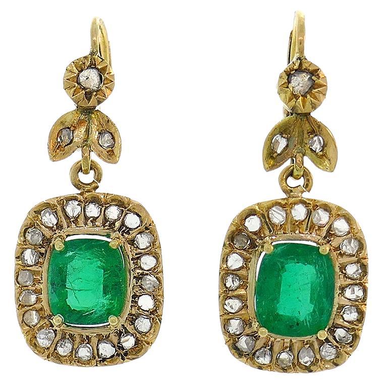 Victorian Emerald Diamond Dangle Earrings in Gold and Silver, Antique For Sale