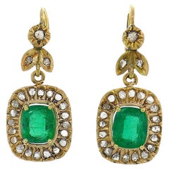 Victorian Emerald Diamond Dangle Earrings in Gold and Silver, Antique