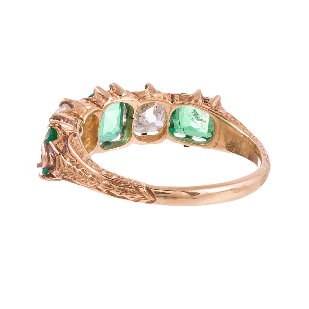 Victorian Emerald and Diamond Five-Stone Ring In Good Condition In Carmel-by-the-Sea, CA