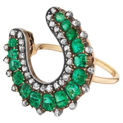 Victorian Emerald Diamond Gold Silver Lucky Horseshoe Shape Ring 