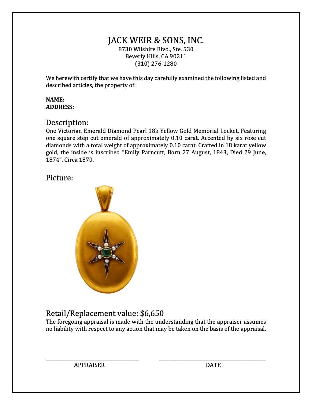 Viktorianisches Memorial-Medaillon aus 18 Karat Gelbgold mit Smaragd, Diamant und Perle für Damen oder Herren