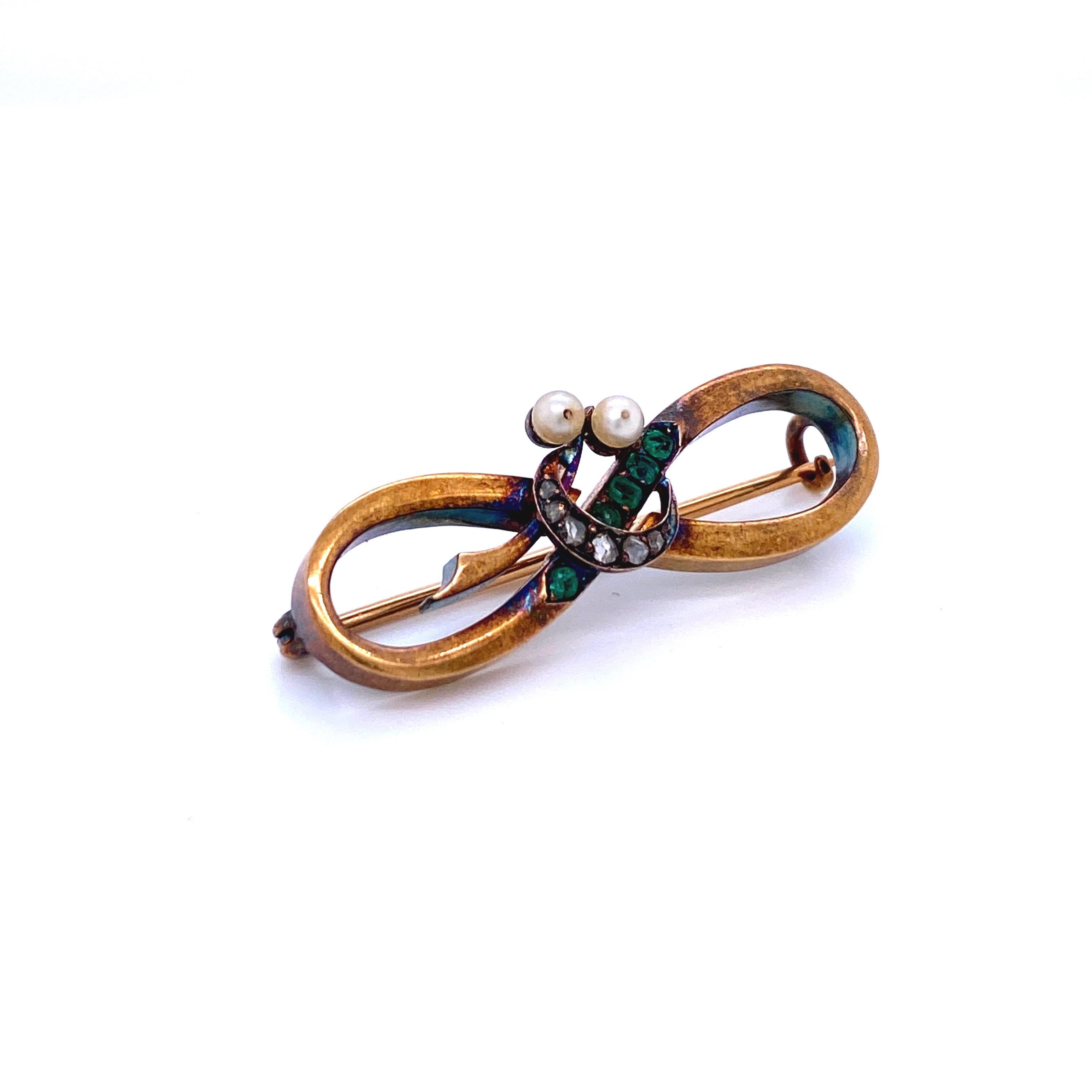 Rose Cut Victorian Emerald Diamond Pearl Gold Pin