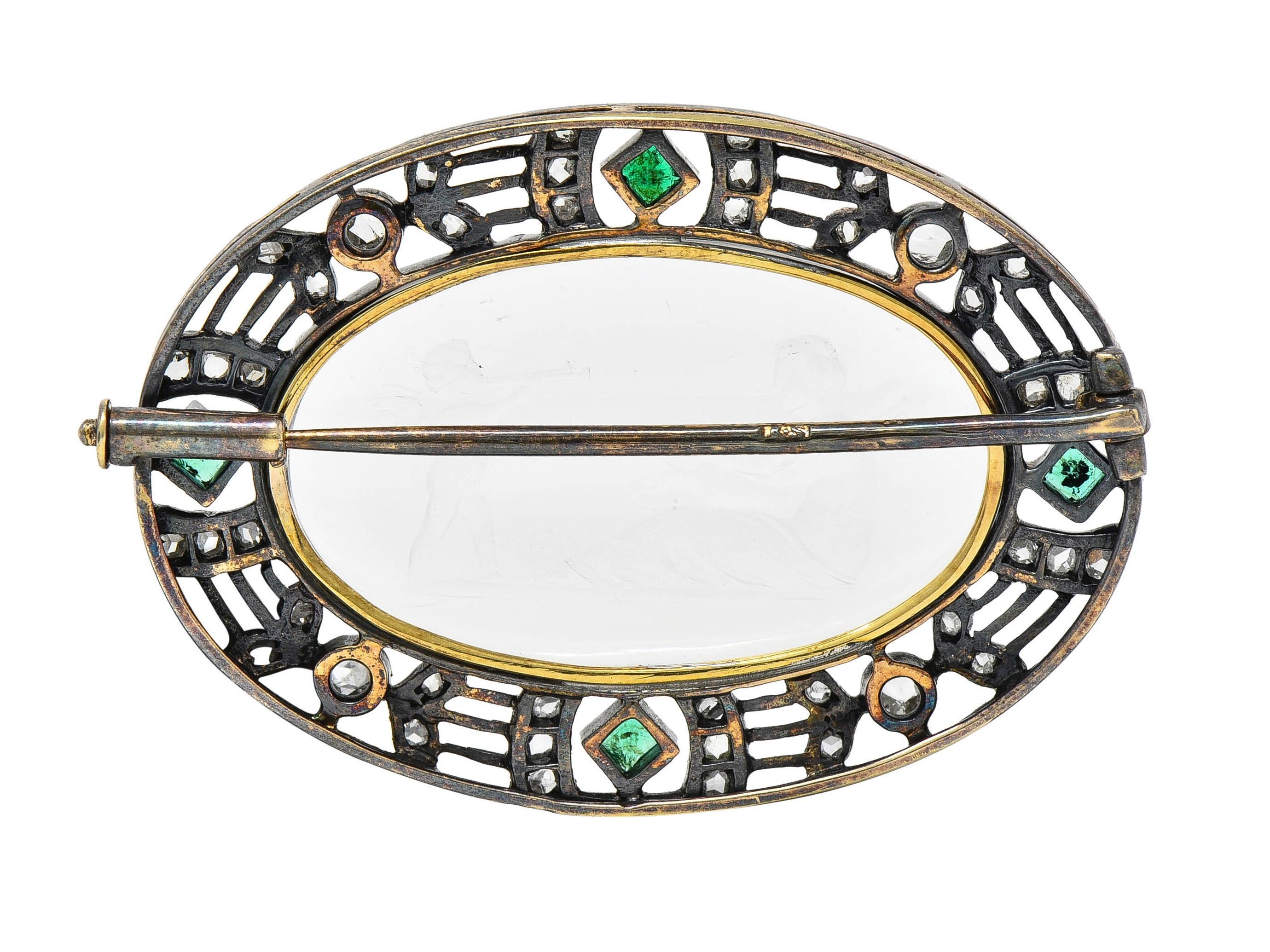 Antike viktorianische Amor Psyche-Brosche, Smaragd, Diamant, Quarz, 18 Karat Gold (Viktorianisch) im Angebot