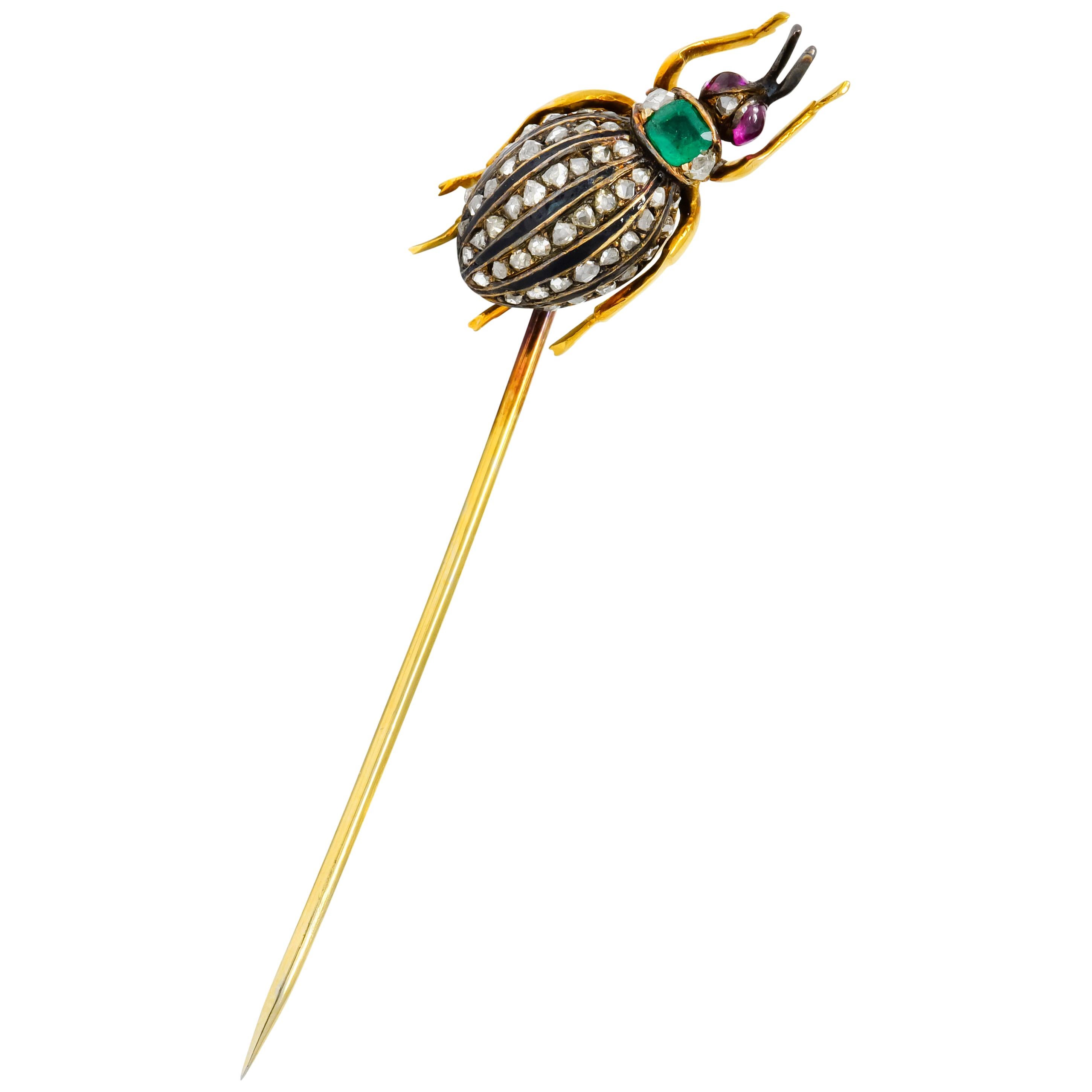 Victorian Emerald Diamond Ruby 14 Karat Gold Weevil Beetle Insect Stickpin