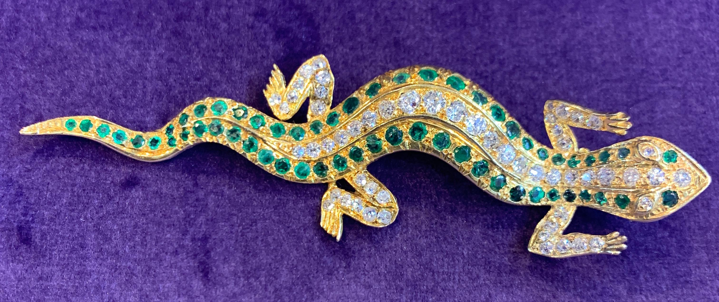 Victorian Emerald & Diamond Crawling Lizard Salamander Brooch, set in 14K Yellow Gold made Circa 1900
56 diamonds, Diamond Weight: App. 2.25 cts. 
59 emeralds weighing app. 1.2 cts. 
Measurements: 3.5