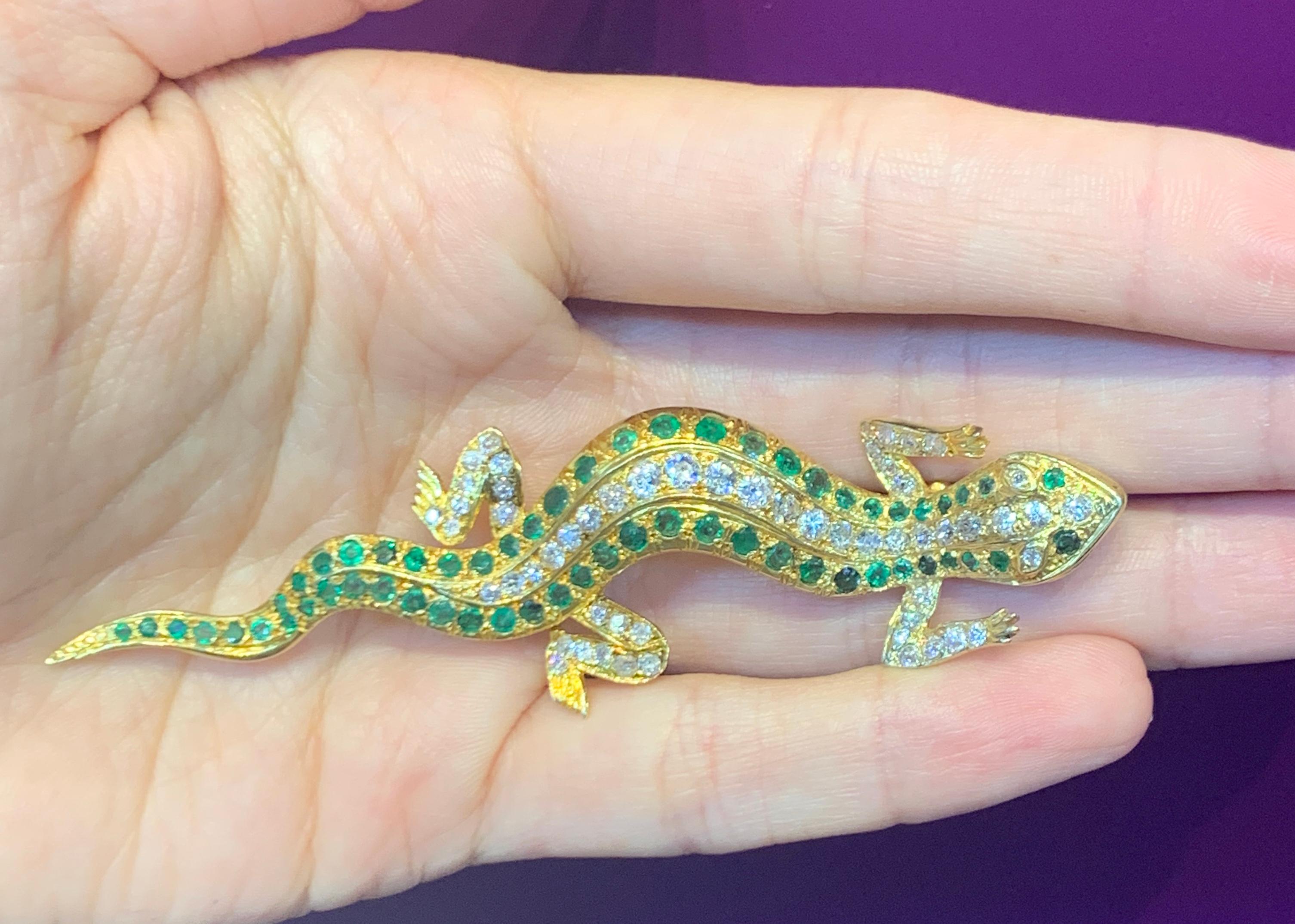 Round Cut Victorian Emerald and Diamond Salamander Brooch For Sale