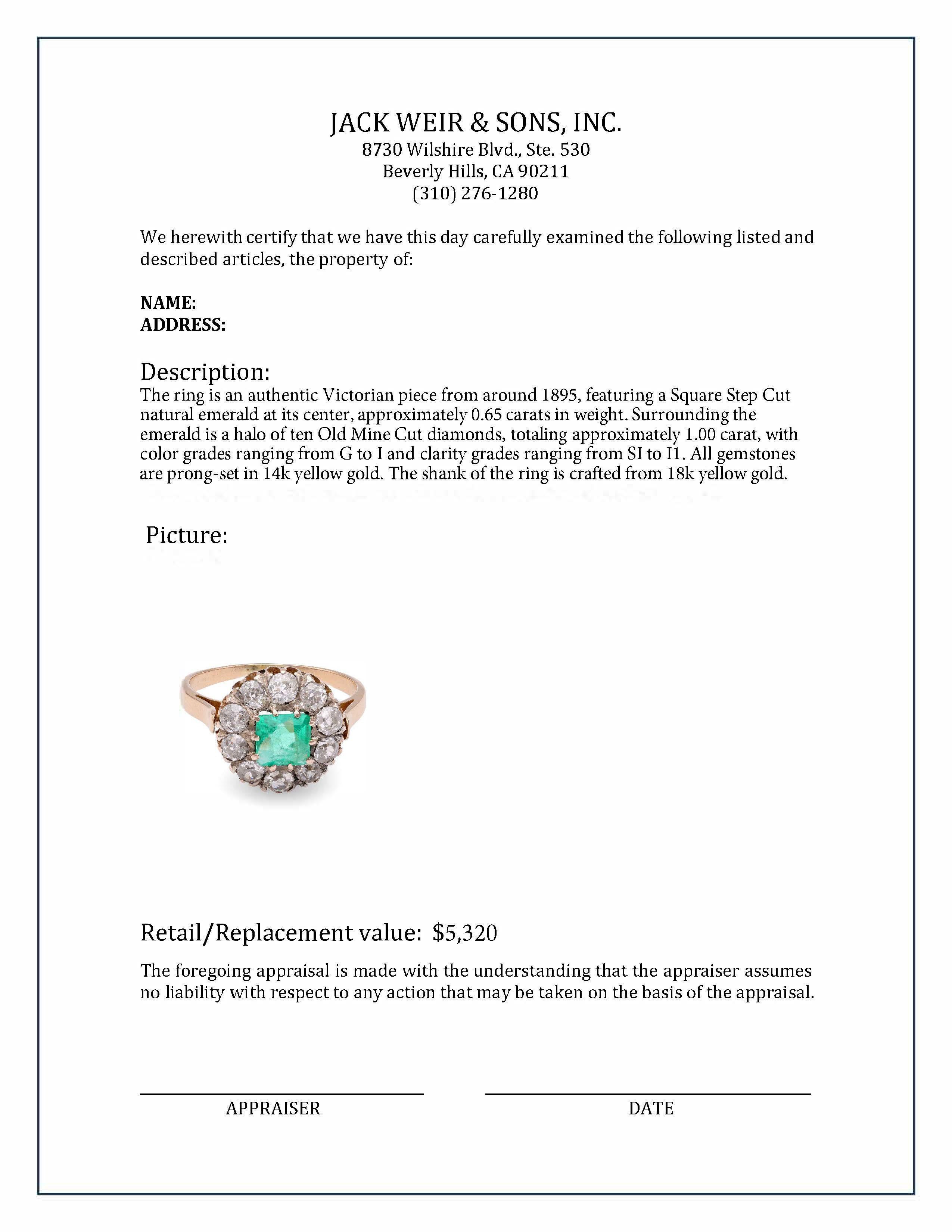 Viktorianischer Smaragd-Diamant-Cluster-Ring aus Gelbgold im Zustand „Hervorragend“ in Beverly Hills, CA