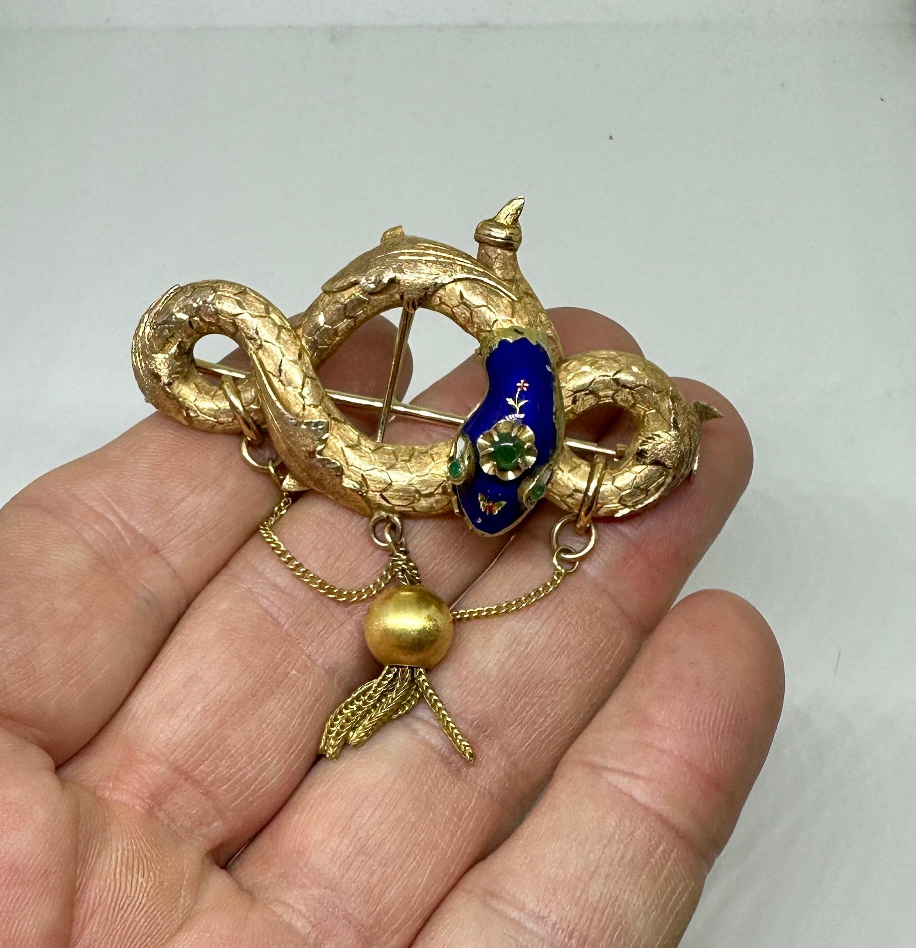 Collana con ciondolo a serpente in smeraldo smaltato vittoriano Spilla in oro 14 carati Farfalla in vendita 4