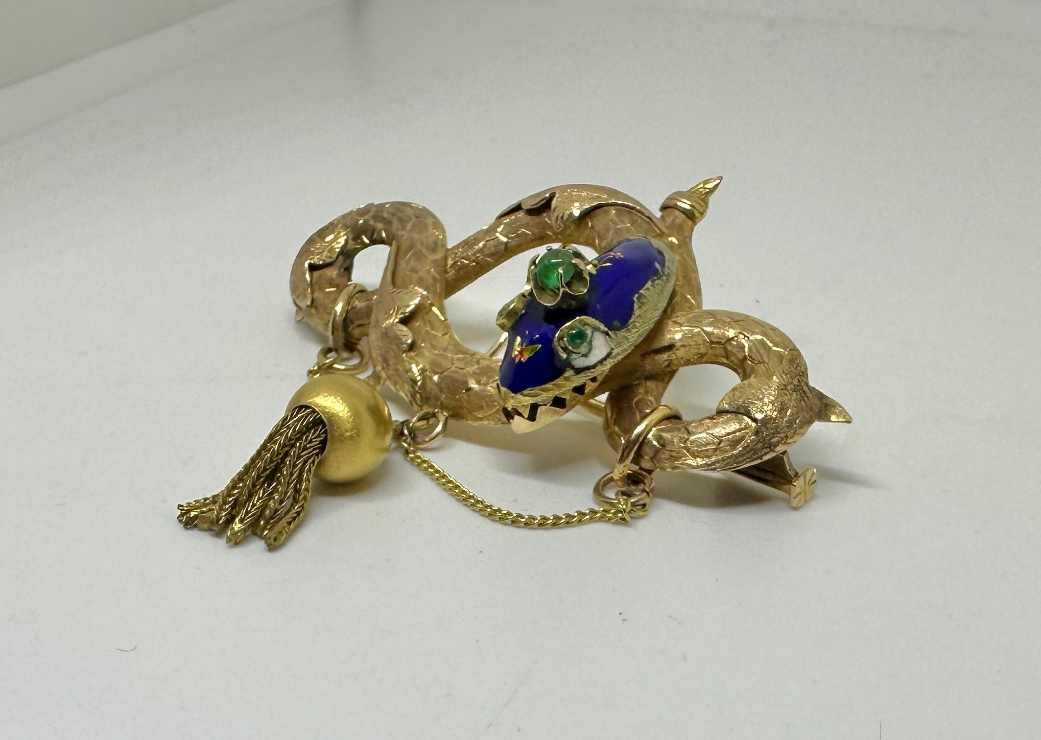 Collana con ciondolo a serpente in smeraldo smaltato vittoriano Spilla in oro 14 carati Farfalla in vendita 5