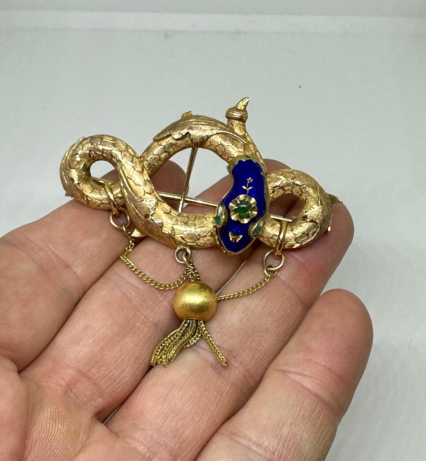 Collana con ciondolo a serpente in smeraldo smaltato vittoriano Spilla in oro 14 carati Farfalla in vendita 6