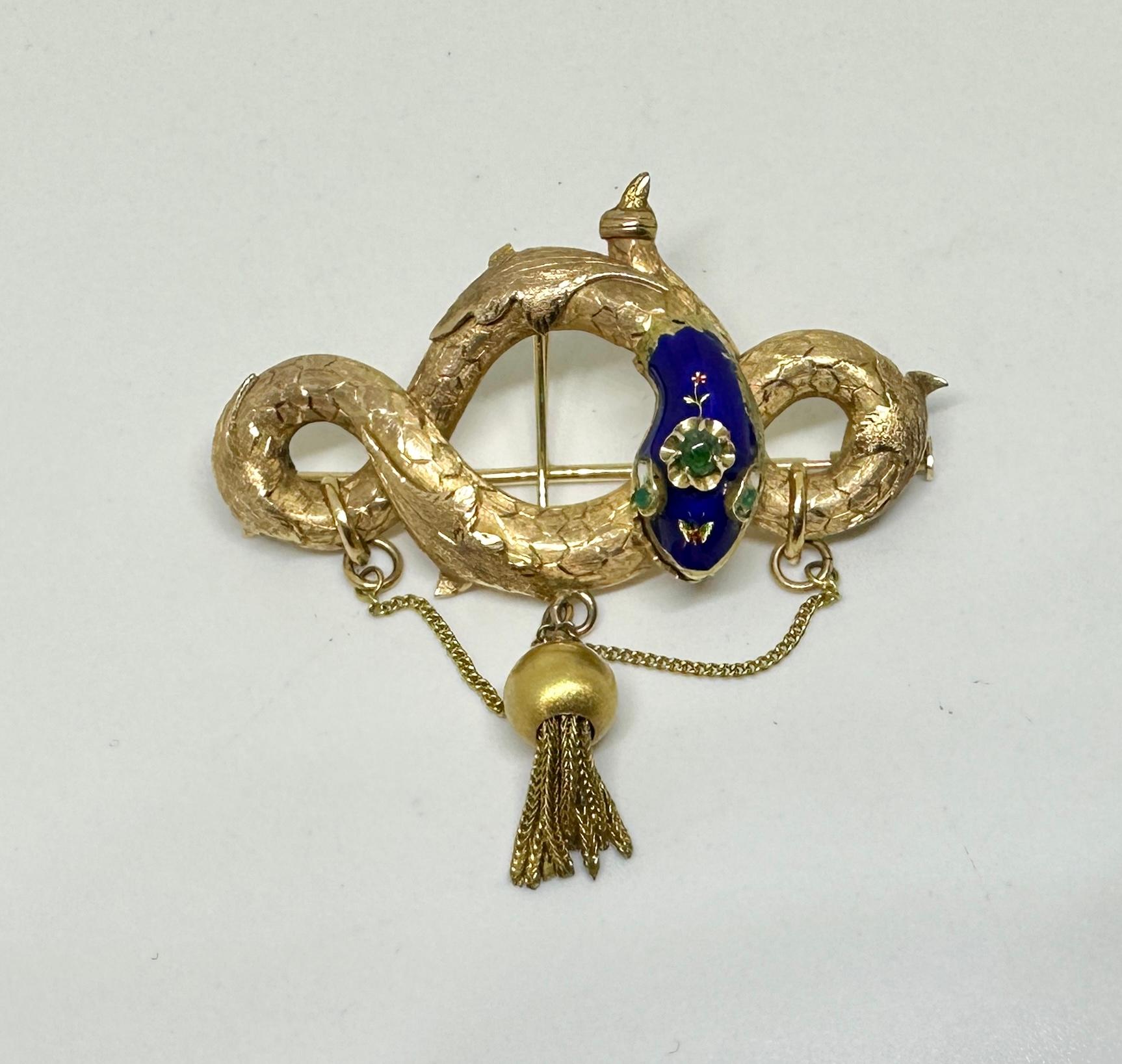 Collana con ciondolo a serpente in smeraldo smaltato vittoriano Spilla in oro 14 carati Farfalla In condizioni buone in vendita a New York, NY