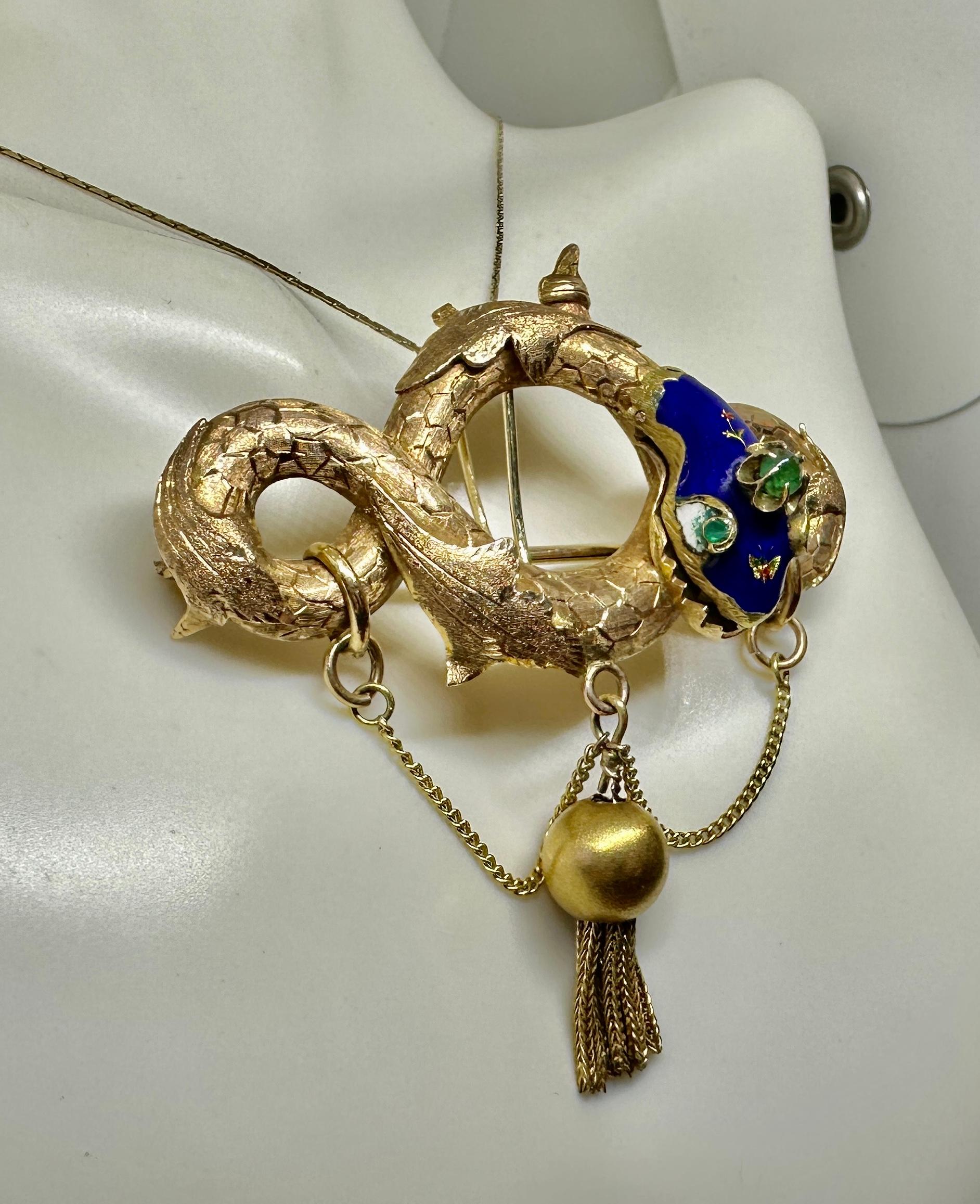 da uomo o donna Collana con ciondolo a serpente in smeraldo smaltato vittoriano Spilla in oro 14 carati Farfalla in vendita