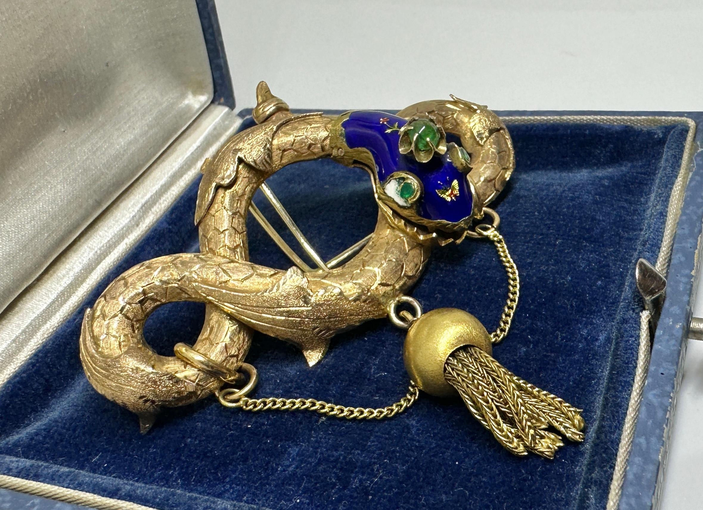 Collana con ciondolo a serpente in smeraldo smaltato vittoriano Spilla in oro 14 carati Farfalla in vendita 2