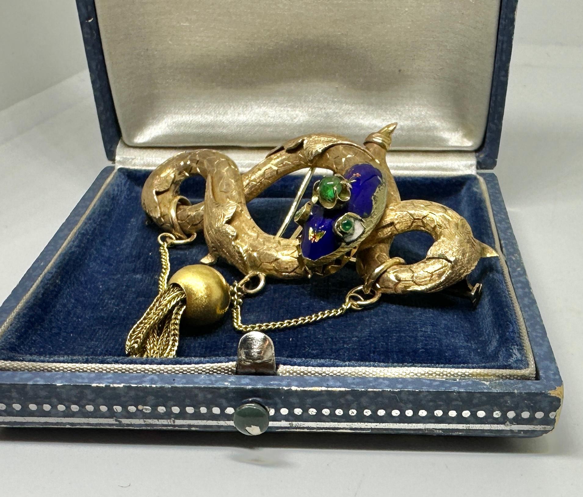 Collana con ciondolo a serpente in smeraldo smaltato vittoriano Spilla in oro 14 carati Farfalla in vendita 3