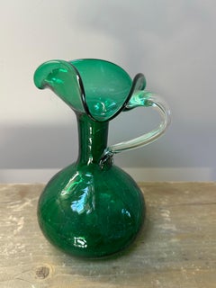 Victorian Emerald Green Crackle Glass Vase, Bulbous Body, 1920