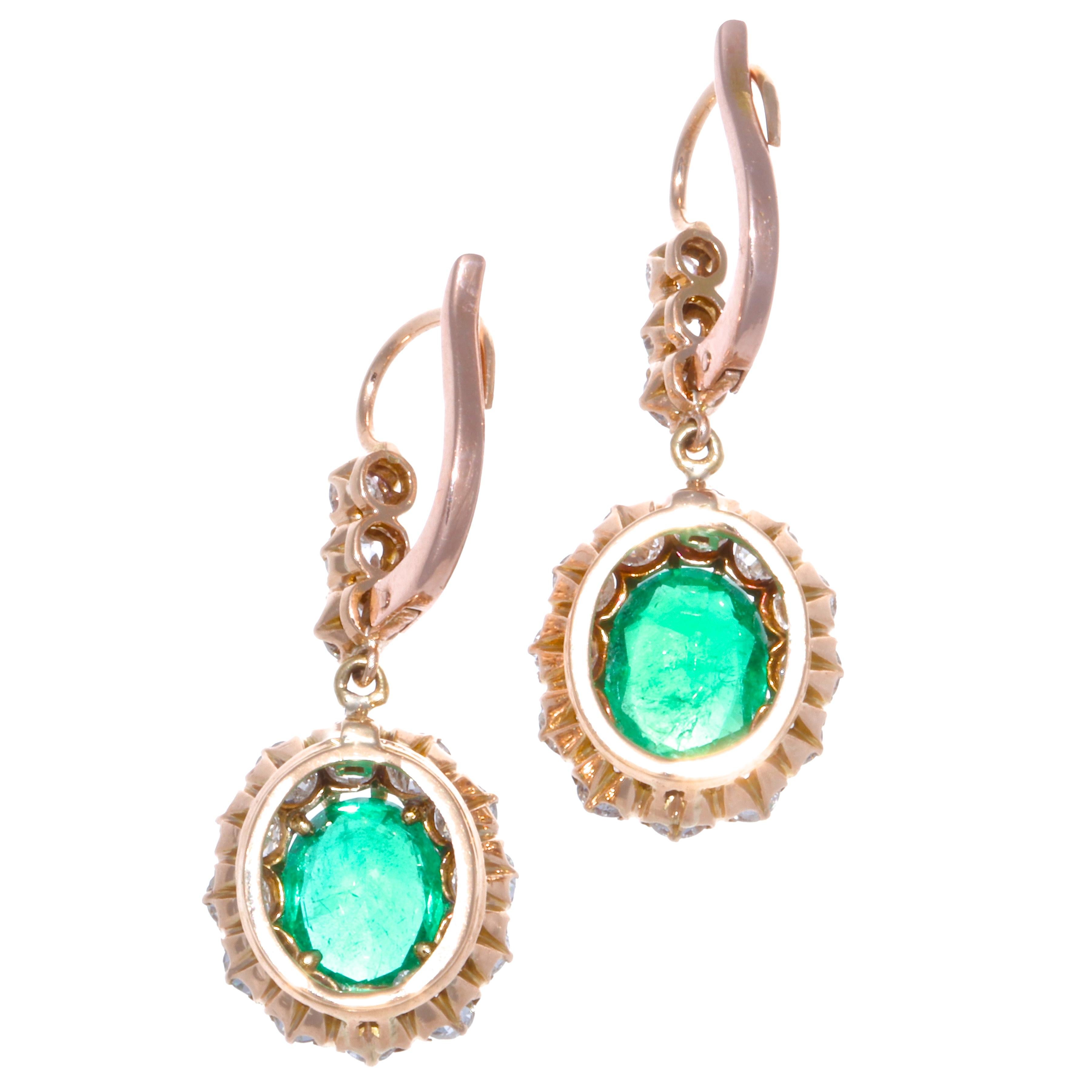 Victorian Emerald Old European Cut Diamond 18 Karat Gold Cluster Earrings In Good Condition In Beverly Hills, CA