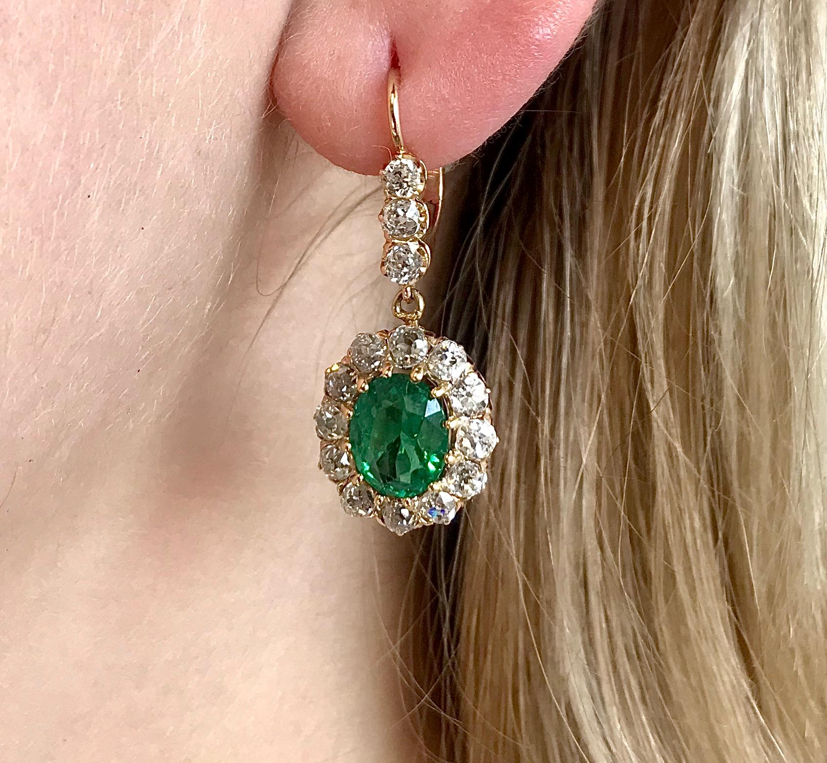 Women's Victorian Emerald Old European Cut Diamond 18 Karat Gold Cluster Earrings