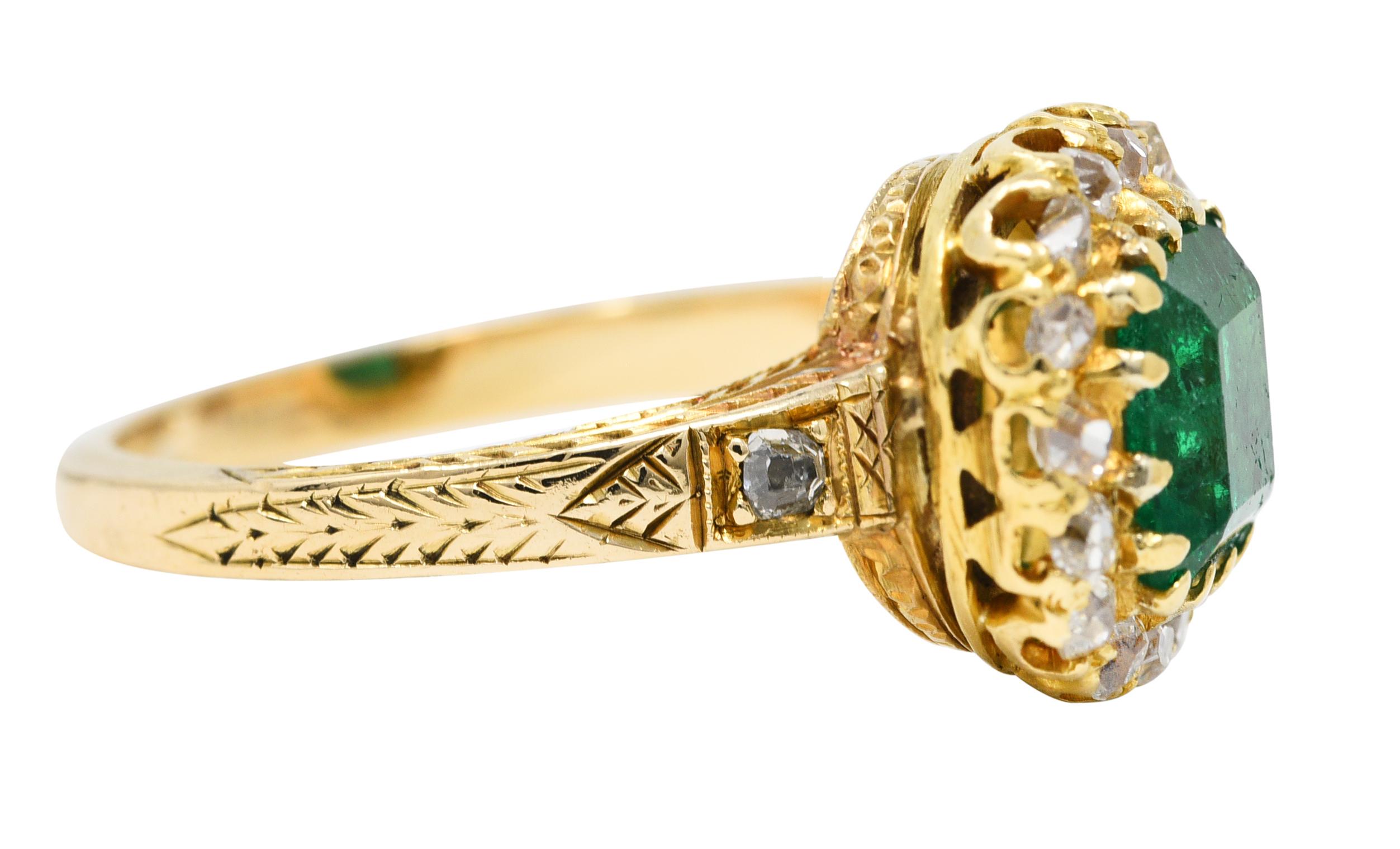Emerald Cut Victorian 2.12 Carats Emerald Old Mine Cut Diamond 14 Karat Yellow Gold Ring