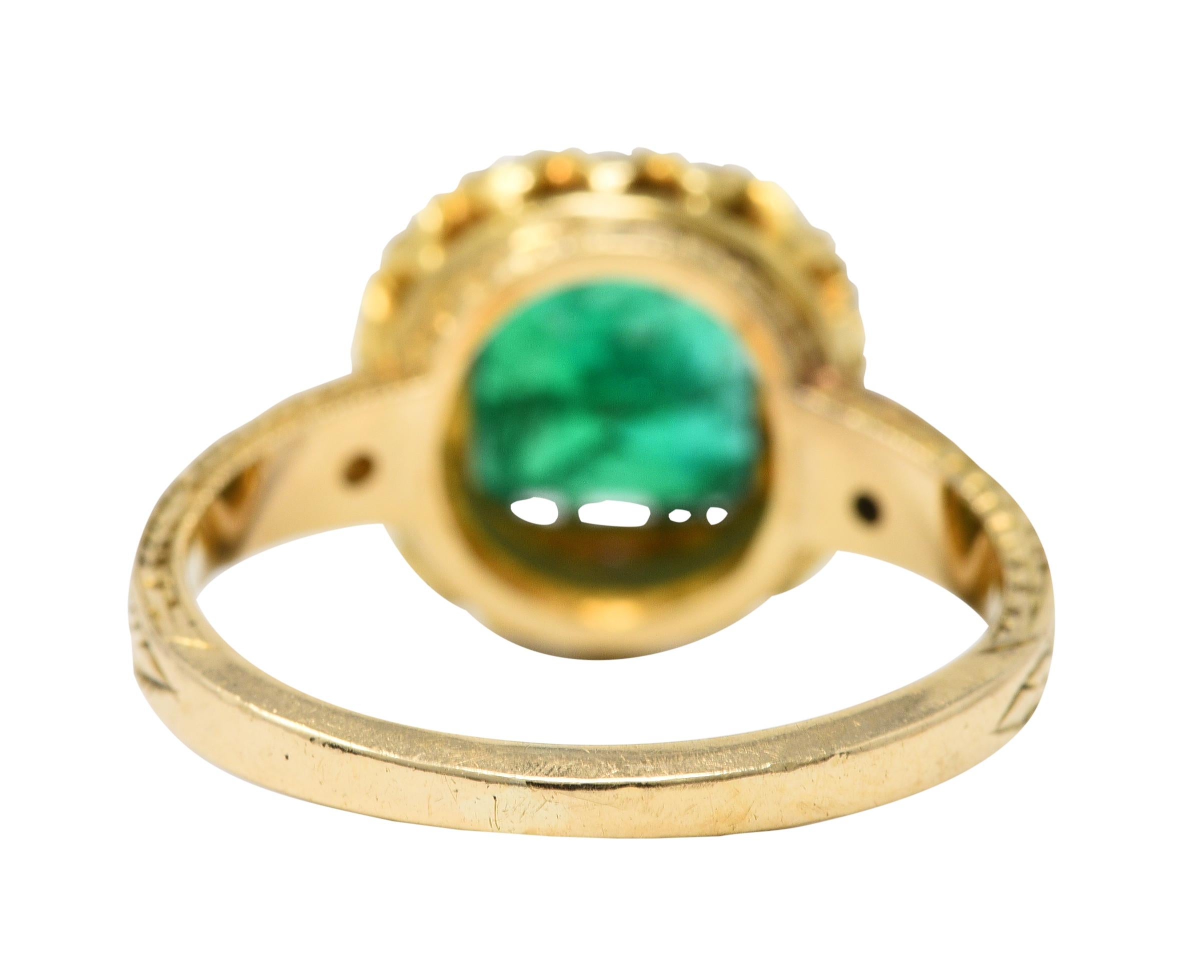 Victorian 2.12 Carats Emerald Old Mine Cut Diamond 14 Karat Yellow Gold Ring In Excellent Condition In Philadelphia, PA