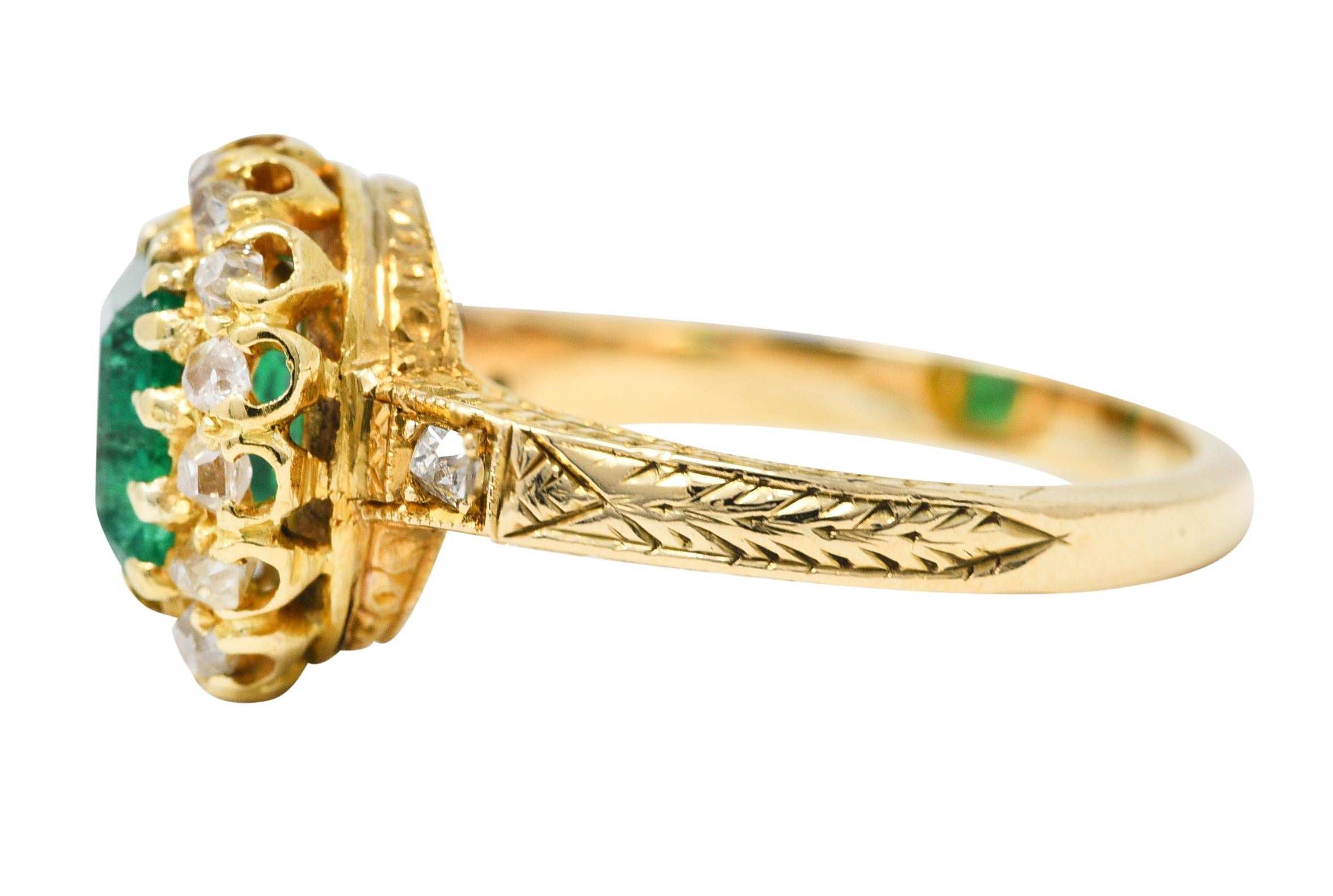 Women's Victorian 2.12 Carats Emerald Old Mine Cut Diamond 14 Karat Yellow Gold Ring