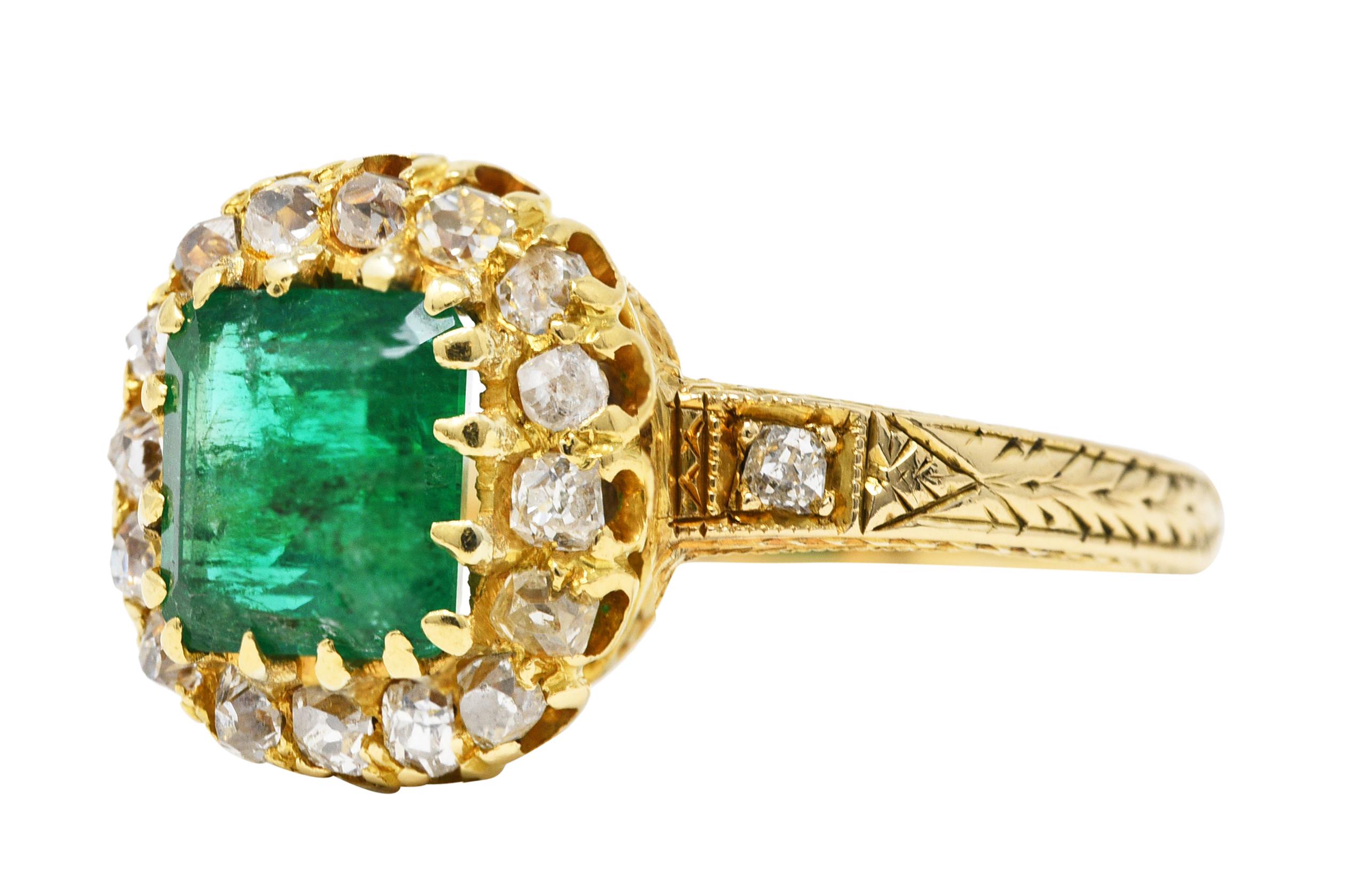 Victorian 2.12 Carats Emerald Old Mine Cut Diamond 14 Karat Yellow Gold Ring 1