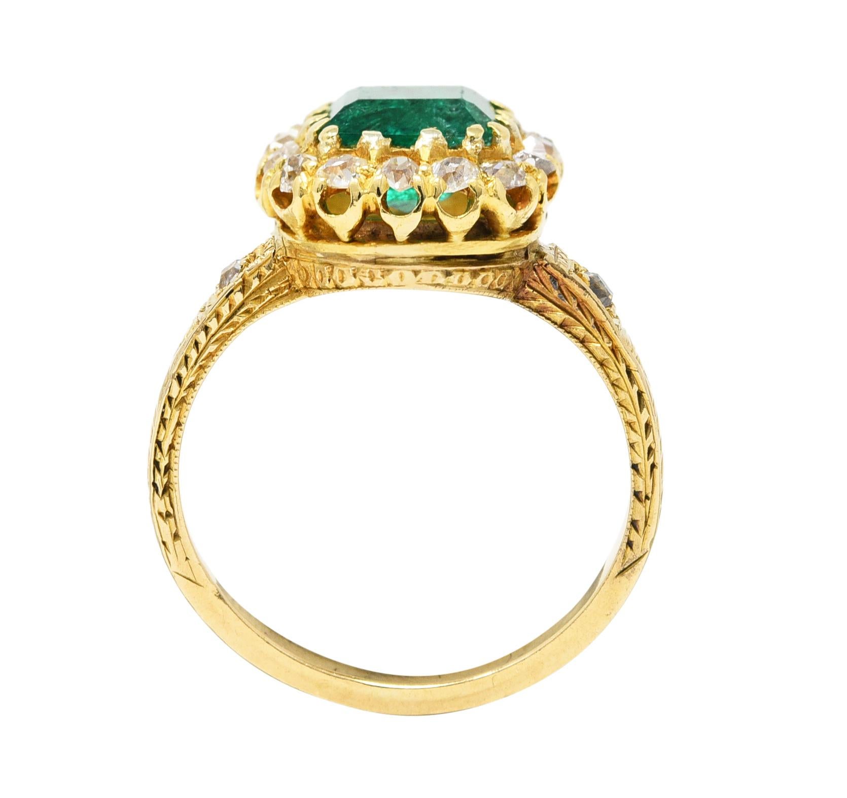 Victorian 2.12 Carats Emerald Old Mine Cut Diamond 14 Karat Yellow Gold Ring 2