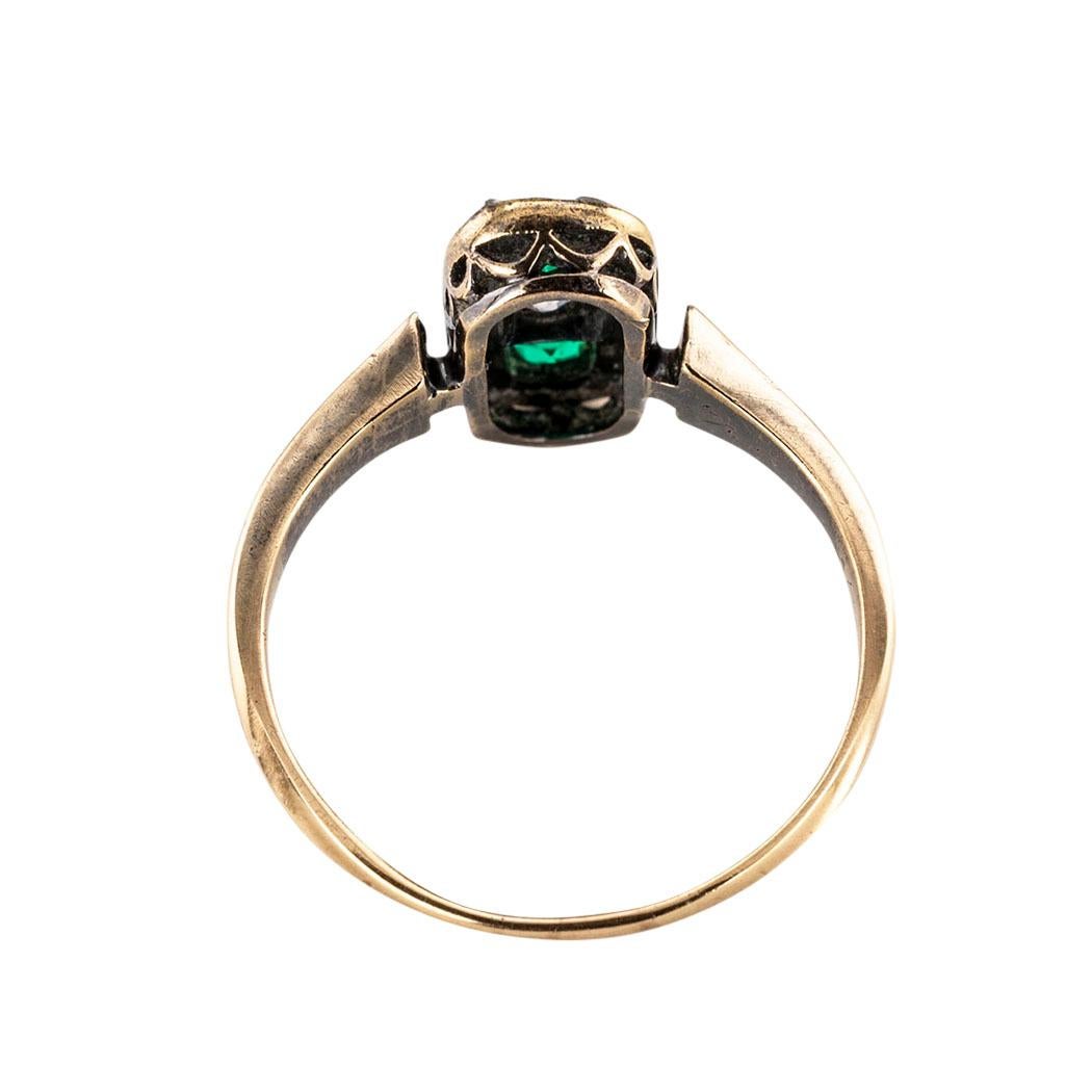 Victorian Emerald Old Mine Cut Diamond Yellow Gold Ring 1