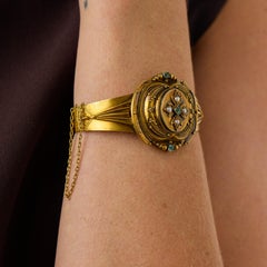 Victorian emerald pearl 18k yellow gold bangle