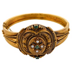Victorian emerald pearl 18k yellow gold bangle