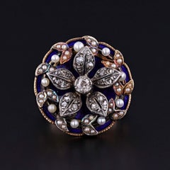 Victorian Enamel, Pearl, and Diamond Flower Ring of 14k Gold and Silver