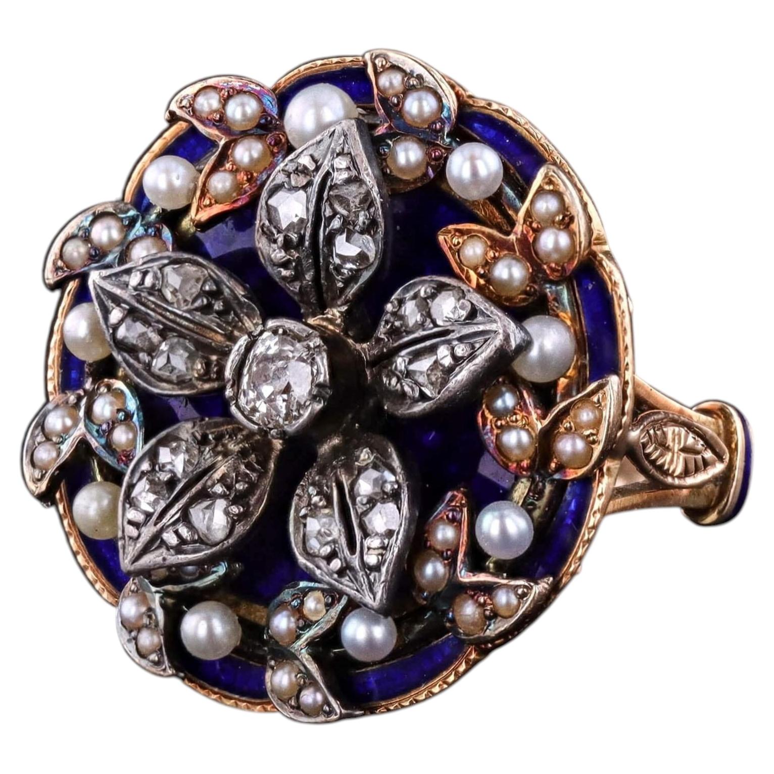 Victorian Enamel, Pearl, and Diamond Flower Ring of 14k Gold and Silver