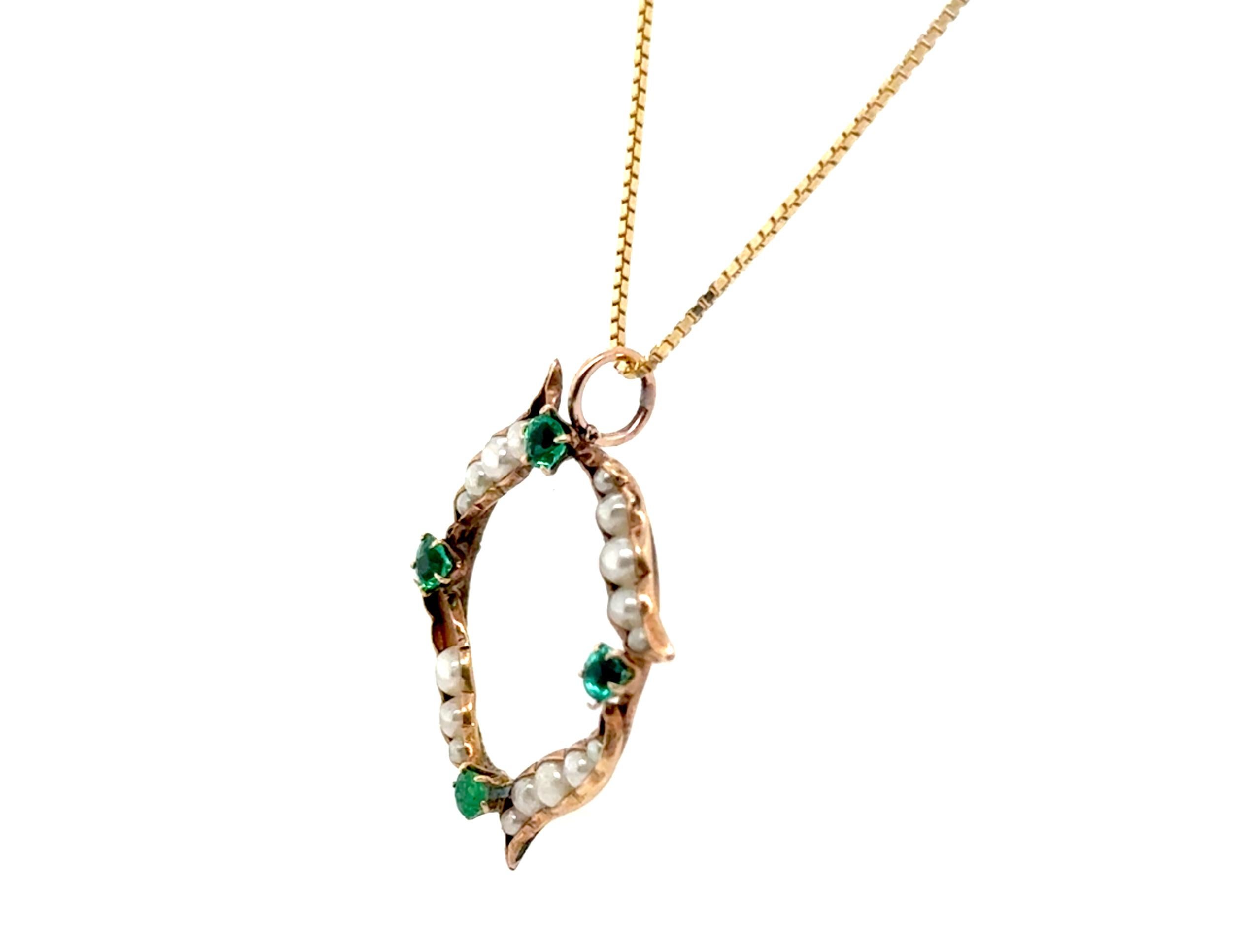 Round Cut Victorian Emerald Pearl Pendant Necklace .20ct 14K Gold Antique Original 1860's-