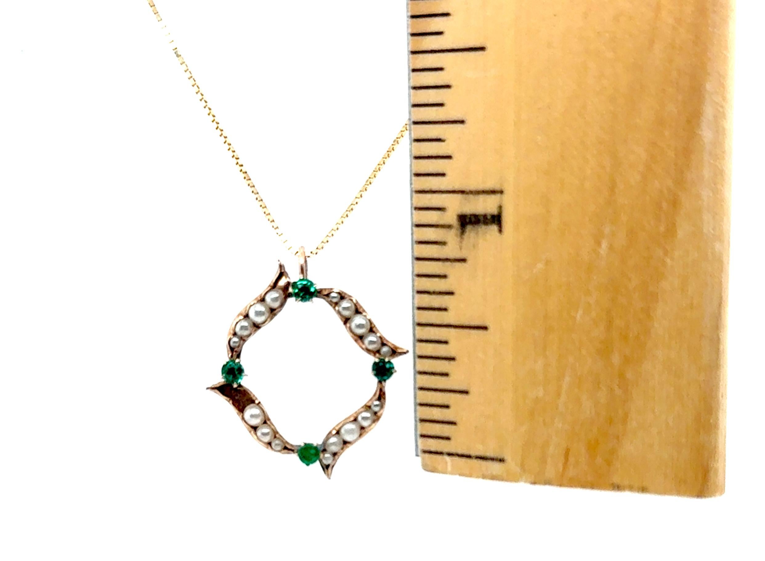 Women's or Men's Victorian Emerald Pearl Pendant Necklace .20ct 14K Gold Antique Original 1860's-