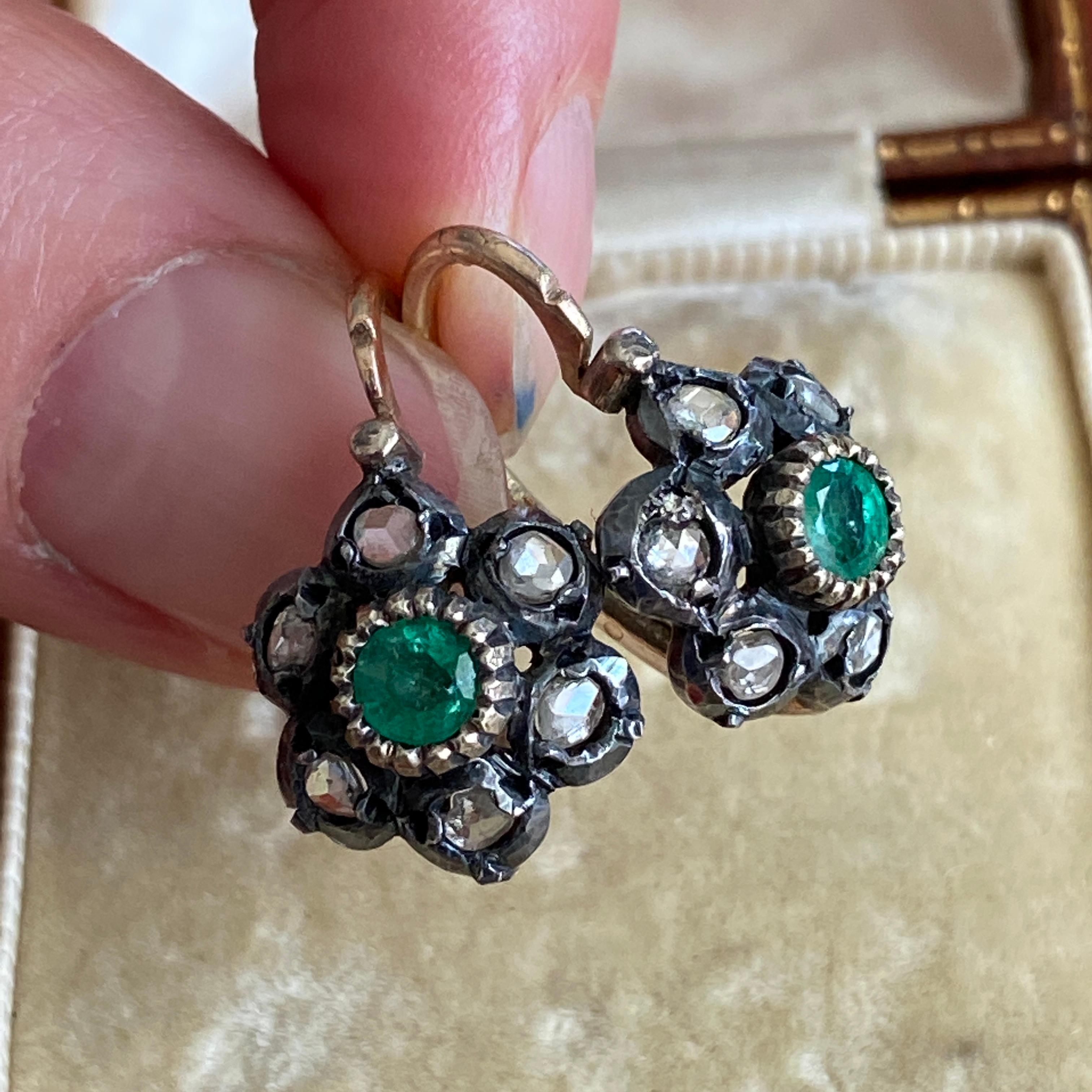 Victorian Emerald Rose Cut Diamond 14k Day & Night Earrings For Sale 5