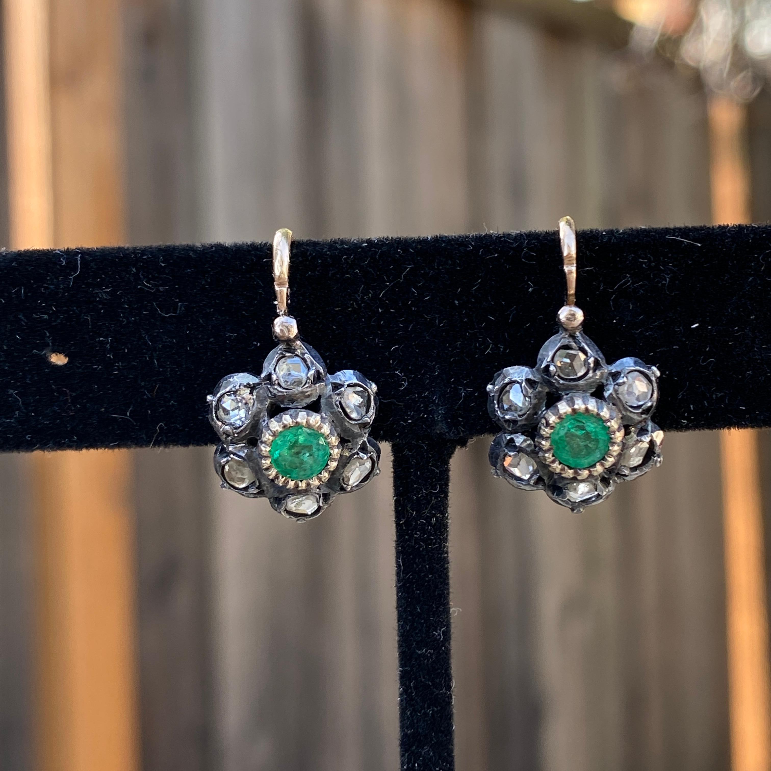 Victorian Emerald Rose Cut Diamond 14k Day & Night Earrings For Sale 6