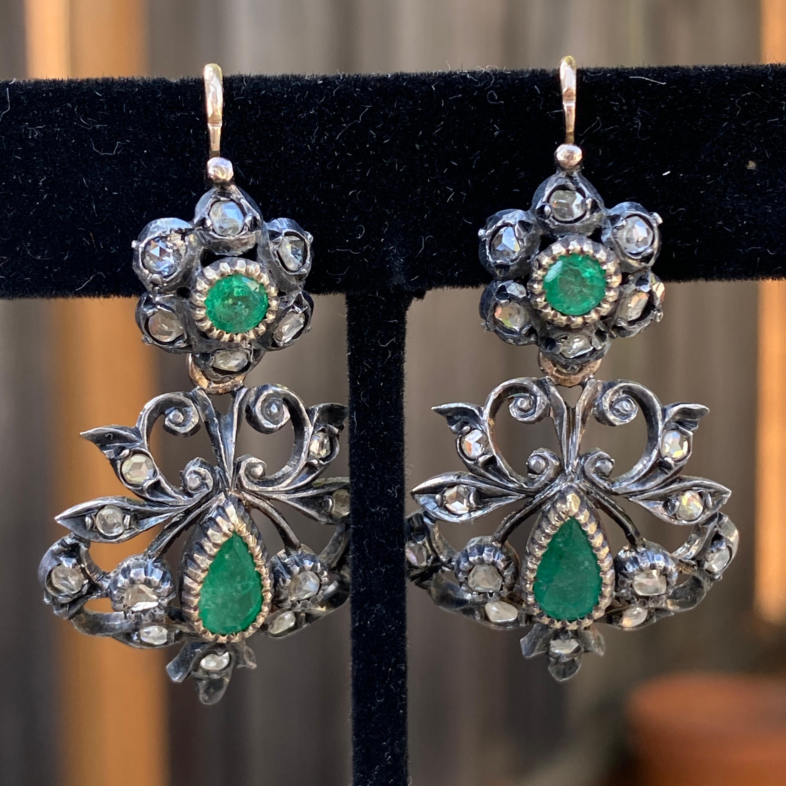 Victorian Emerald Rose Cut Diamond 14k Tag & Nacht Ohrringe im Angebot 6