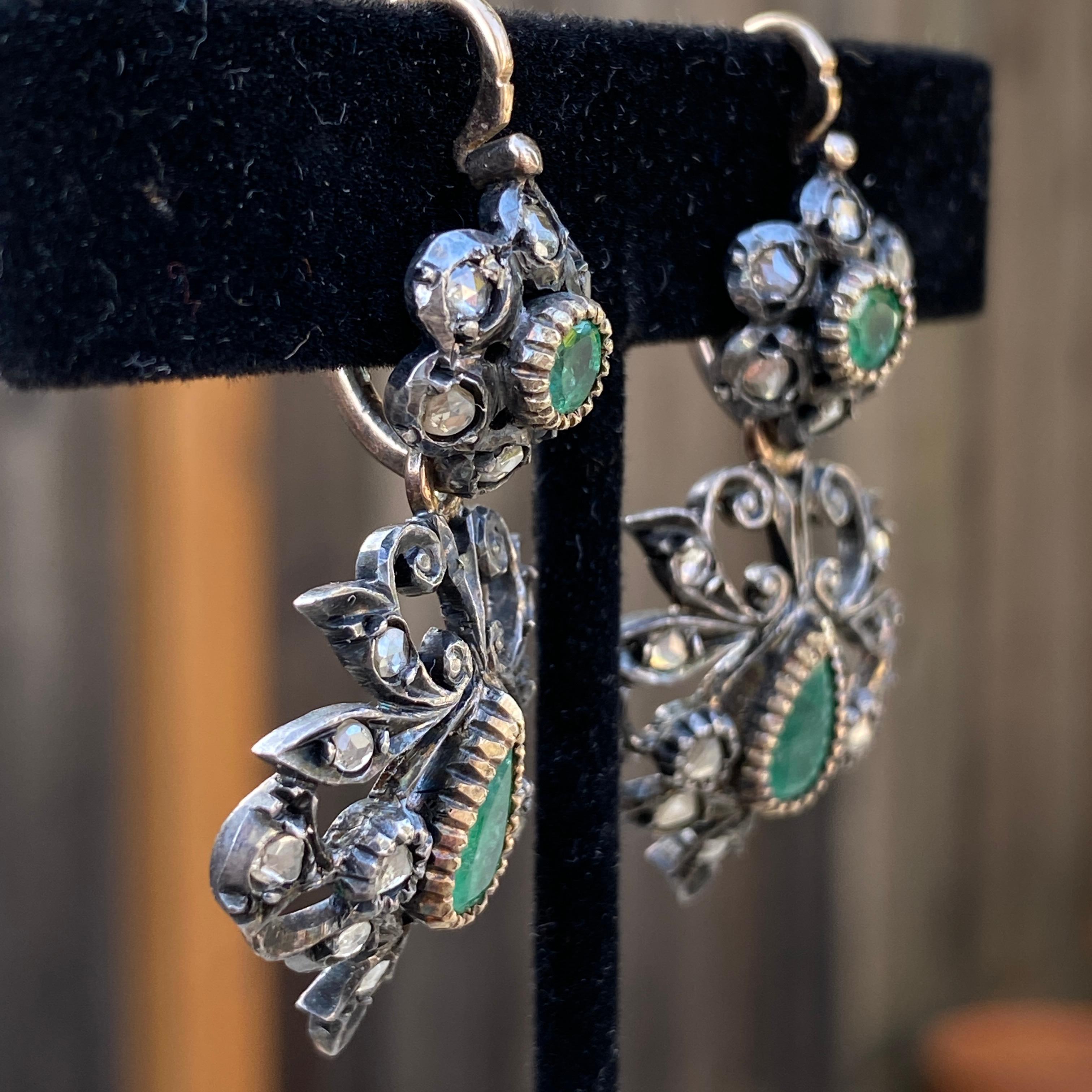 Victorian Emerald Rose Cut Diamond 14k Day & Night Earrings For Sale 8