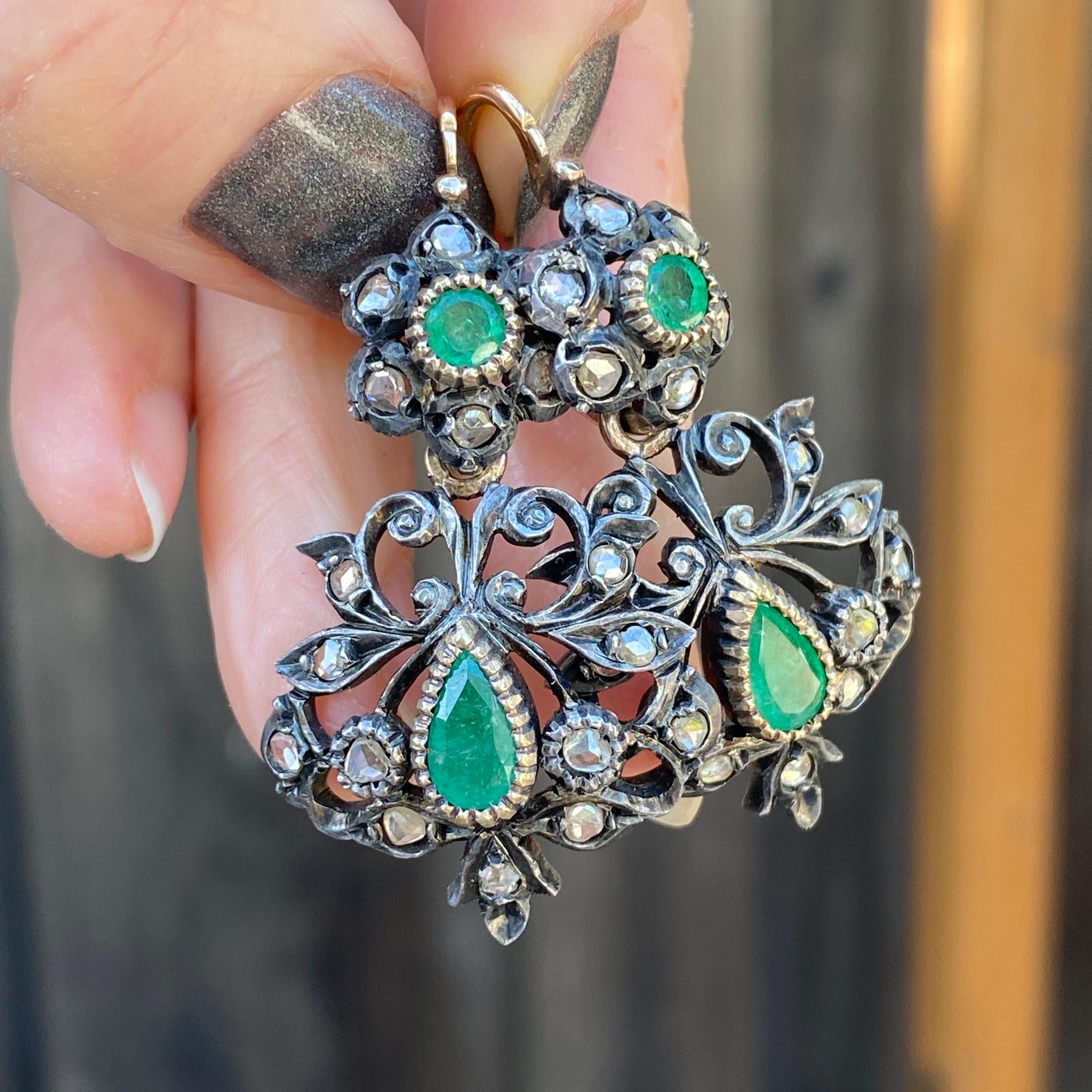 Victorian Emerald Rose Cut Diamond 14k Day & Night Earrings For Sale 10