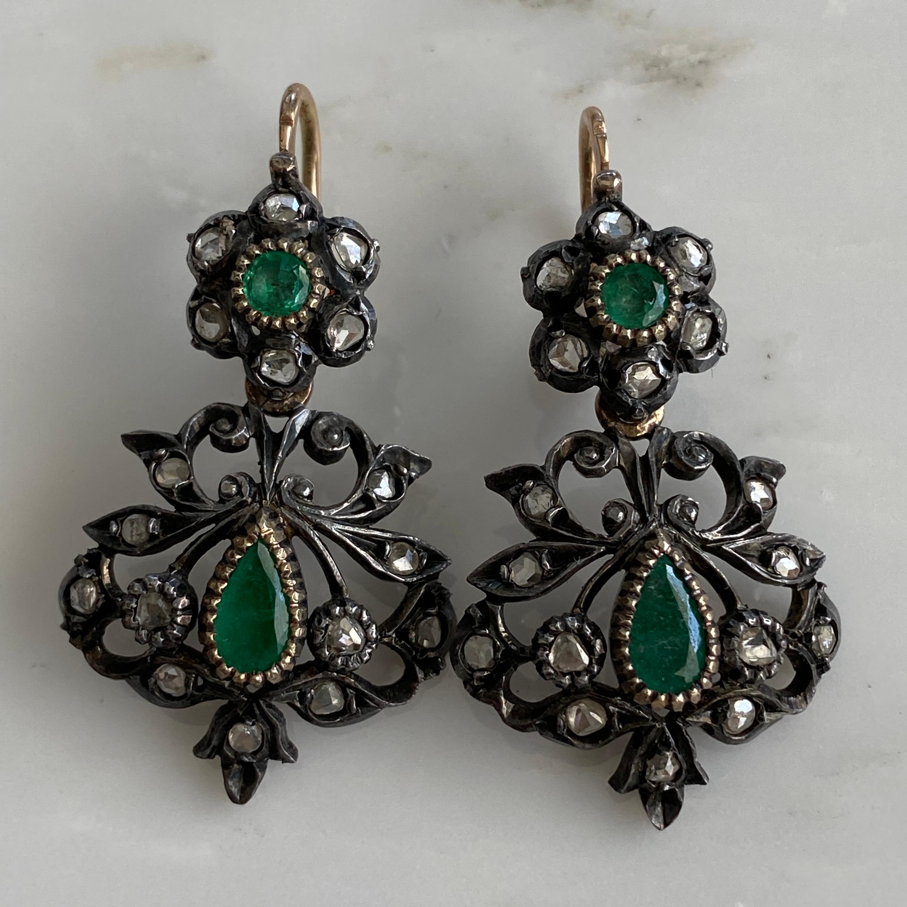 Victorian Emerald Rose Cut Diamond 14k Day & Night Earrings For Sale 11