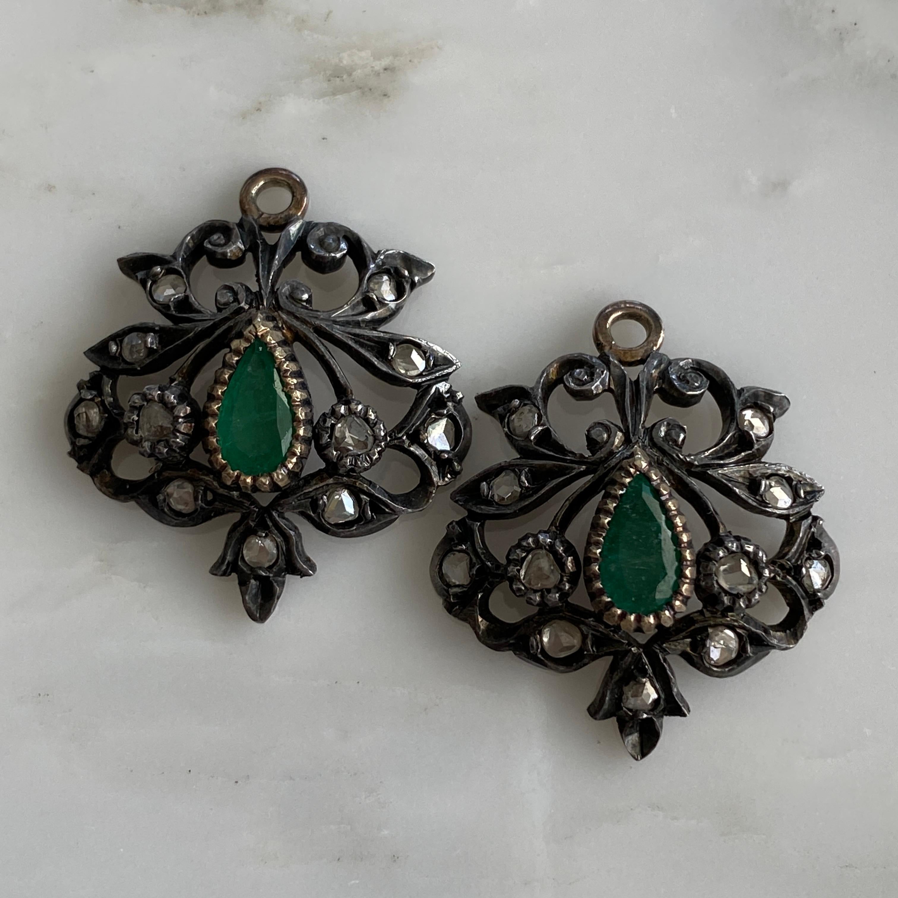 Victorian Emerald Rose Cut Diamond 14k Day & Night Earrings For Sale 12