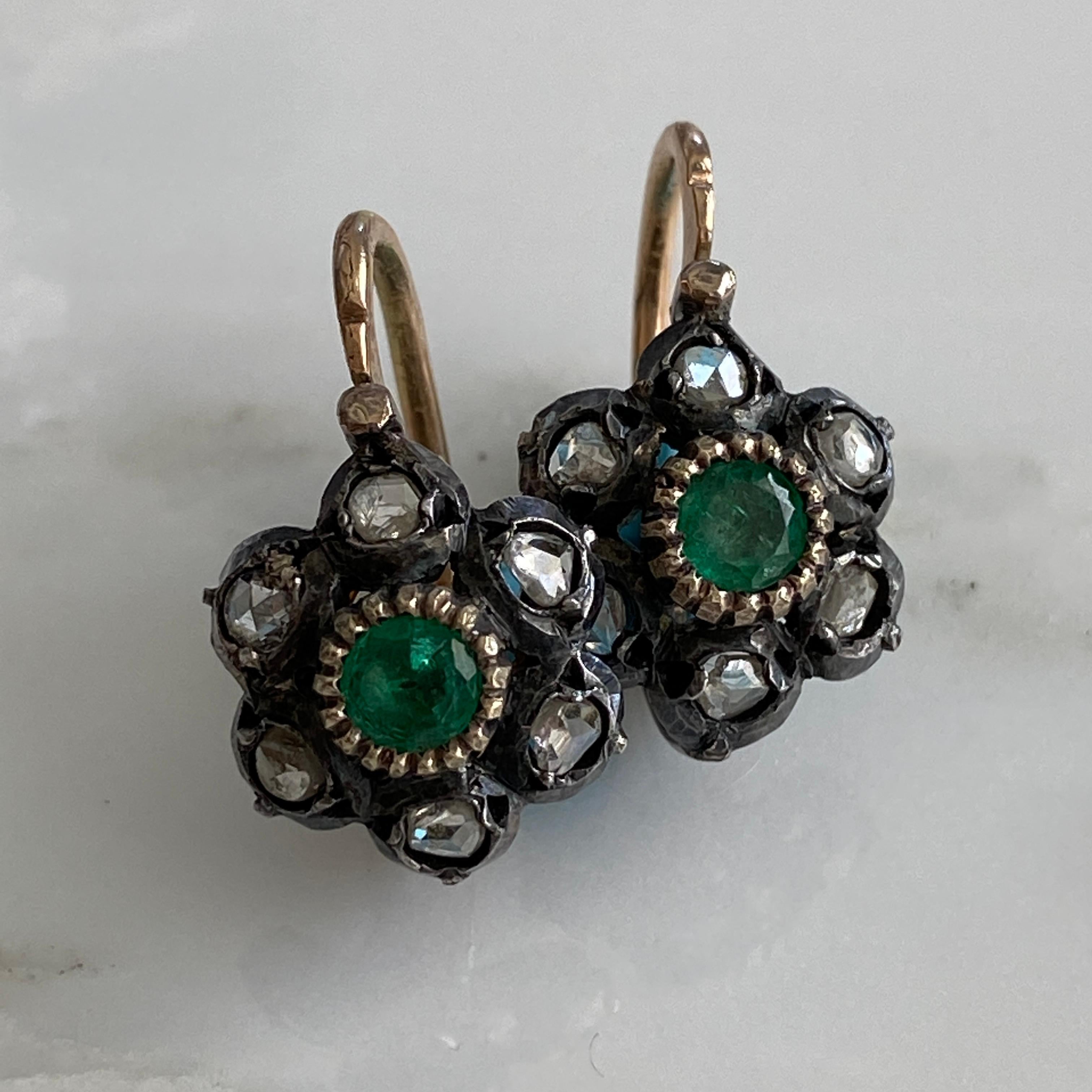 Victorian Emerald Rose Cut Diamond 14k Day & Night Earrings For Sale 13